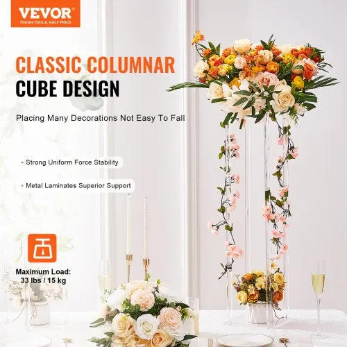 Set 3 Supporti Per Fiori In Acrilico Trasparente – Altezze 40, 60 E 80 Cm, Geometrici E Rimovibili, Per Matrimoni E Eventi
