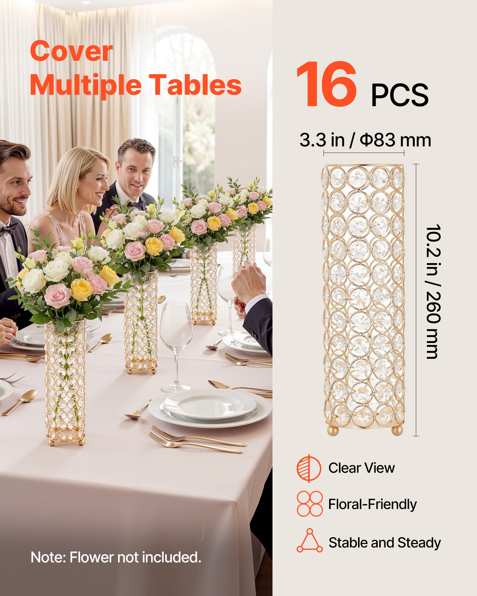 VEVOR Set di Vasi Decorativi per Matrimonio Banchetti Supporto Centrotavola Altezza 26 cm Base Cilindrica con Perline di Cristallo per Composizioni Floreali, Vasi Decorativi per Decorazione