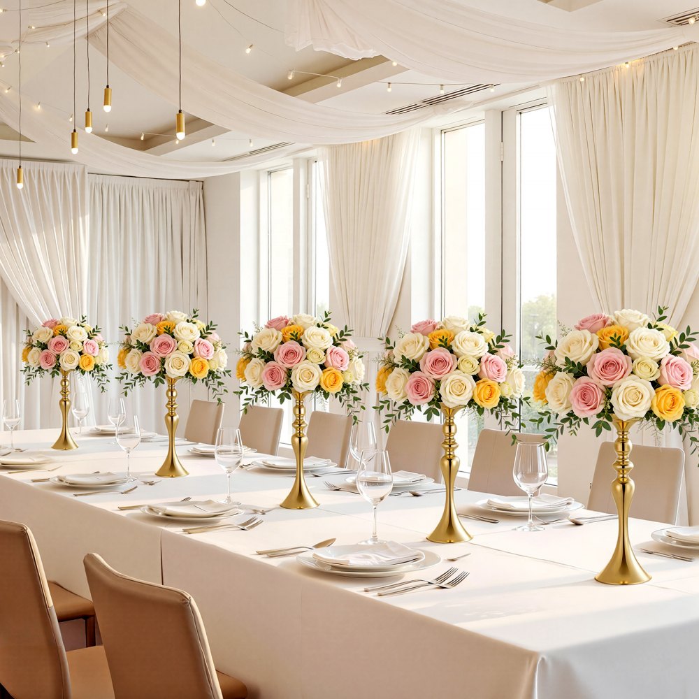 VEVOR Set di Vasi Decorativi da Matrimonio in Metallo 16 pezzi, Vasi Decorativi Centrotavola per Feste Eventi Banchetti Altezza 38 cm, Supporto per Composizioni Floreali per Decorazioni, Colore Oro