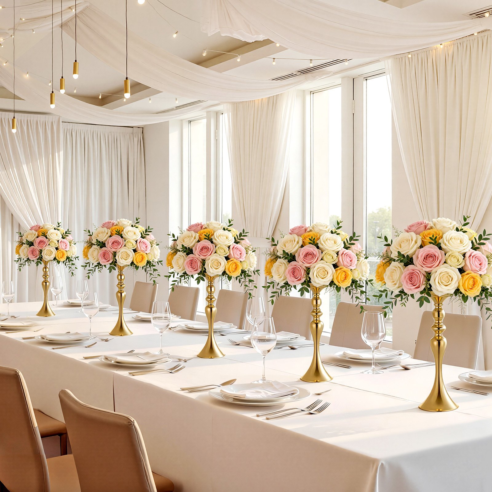 VEVOR Set di Vasi Decorativi da Matrimonio in Metallo 16 pezzi, Vasi Decorativi Centrotavola per Feste Eventi Banchetti Altezza 38 cm, Supporto per Composizioni Floreali per Decorazioni, Colore Oro