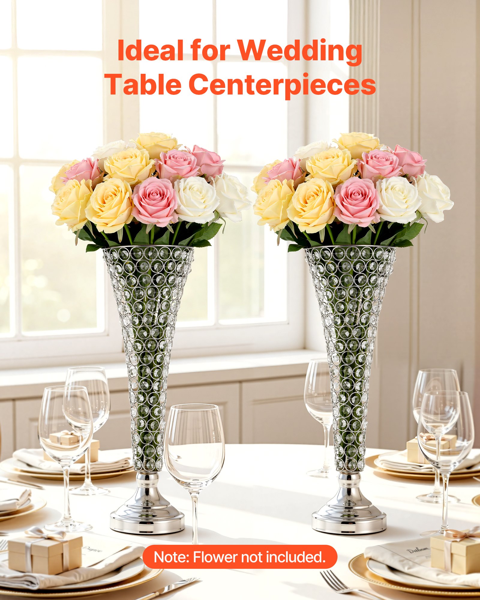 VEVOR 4 PCS Crystal Wedding Flower Vase, 51 cm Tall Flower Table Centerpieces, Crystal Cylinder Banquet Vases Easy Installation, Versatile Arrangement Stand for Party Events Room Home Decor, Silver