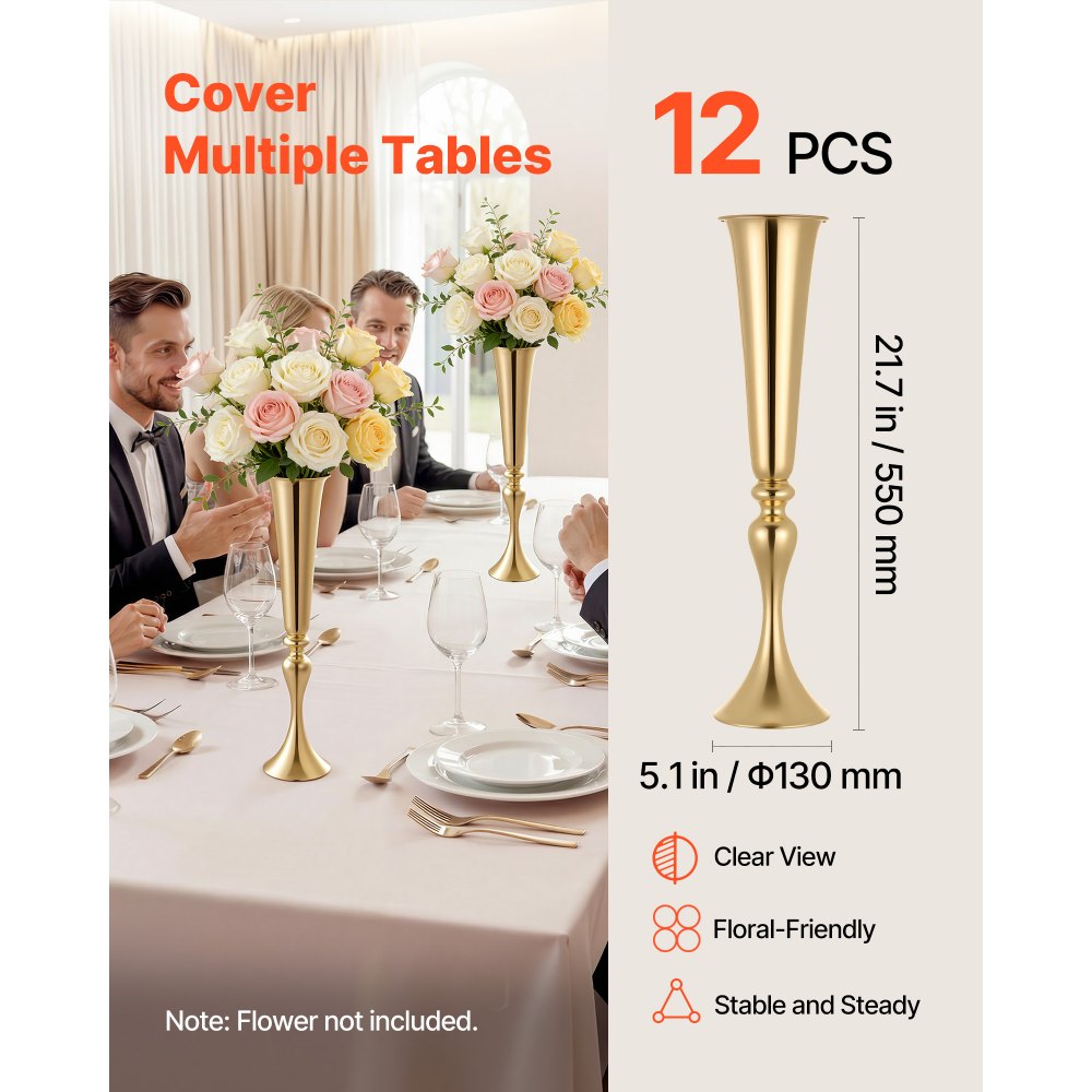 VEVOR Set di 12 Vasi Decorativi Centrotavola per Matrimonio in Metallo, 12 Vasi Supporto per Composizioni Floreali Altezza 55 cm per Decorazioni Banchetti Feste Casa, Finitura Galvanizzata Oro