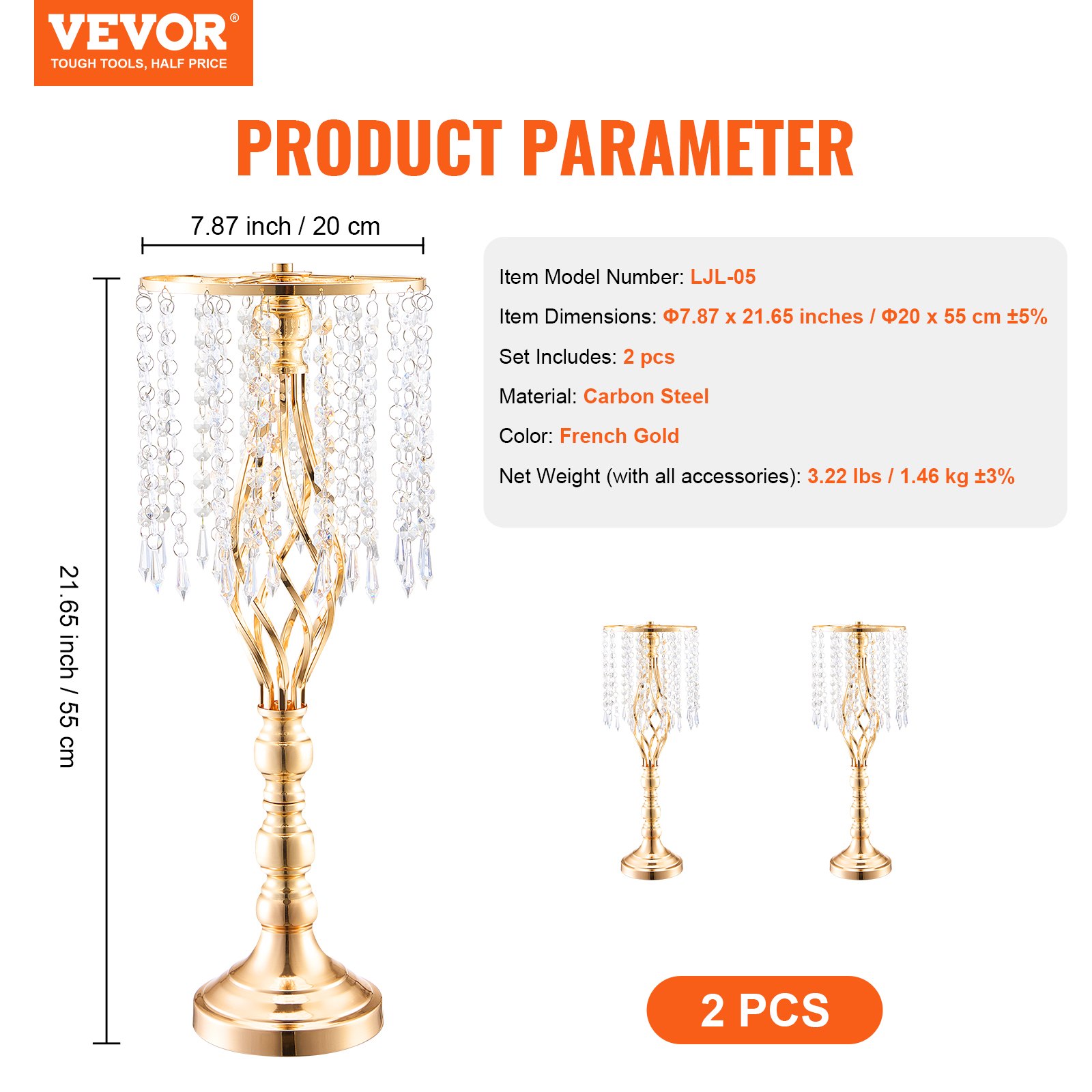 VEVOR Supporto per Fiori da Matrimonio in Cristallo, Alto 55 cm Centrotavola in Metallo per Matrimonio 2 Pezzi, Portafiori Dorati, Espositore Floreale per Tavoli, Cene di Nozze, Cerimonia, Compleanno