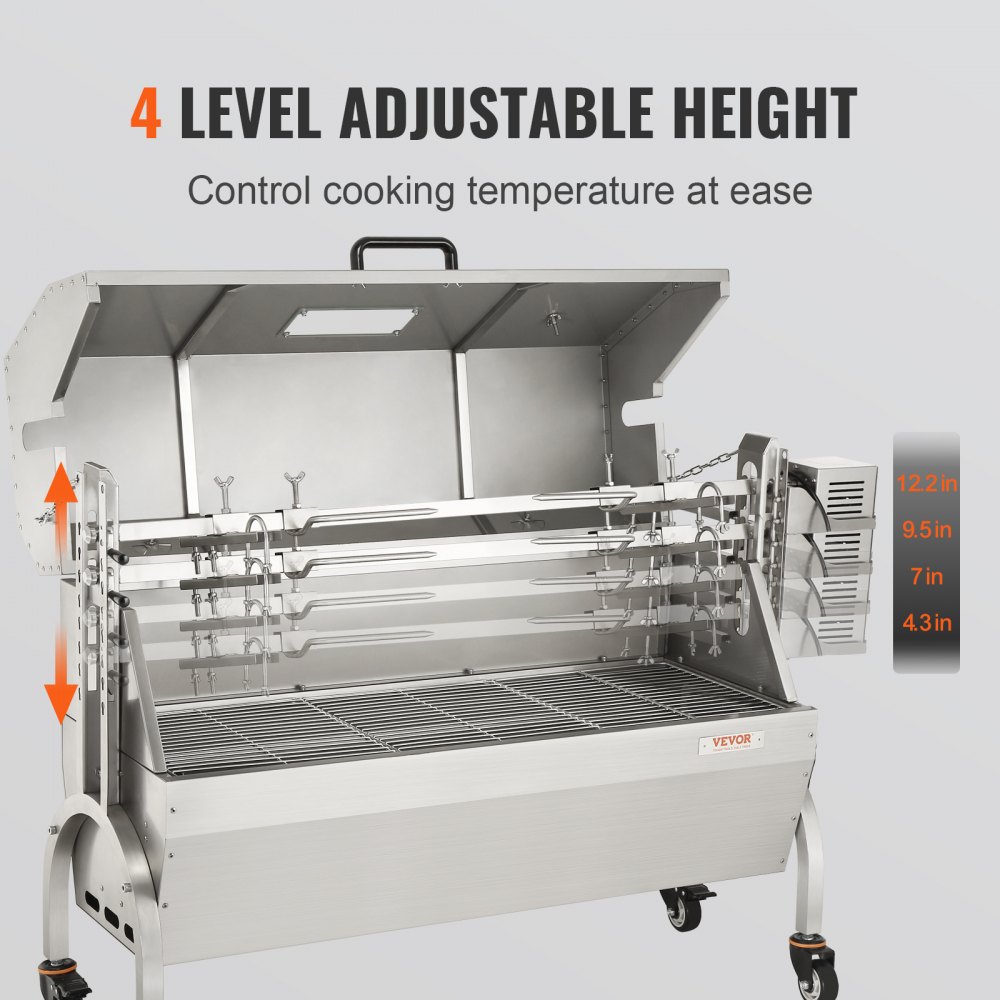 VEVOR Girarrosto Spiedo BBQ con Coperchio 50W in Acciaio Inox Manuale/Elettrico Capienza Max. 60kg Altezza Regolabile 19-43,2cm, Kit di Girarrosto Spiedo per BBQ Festa Evento Esterno Lunghezza 117 cm