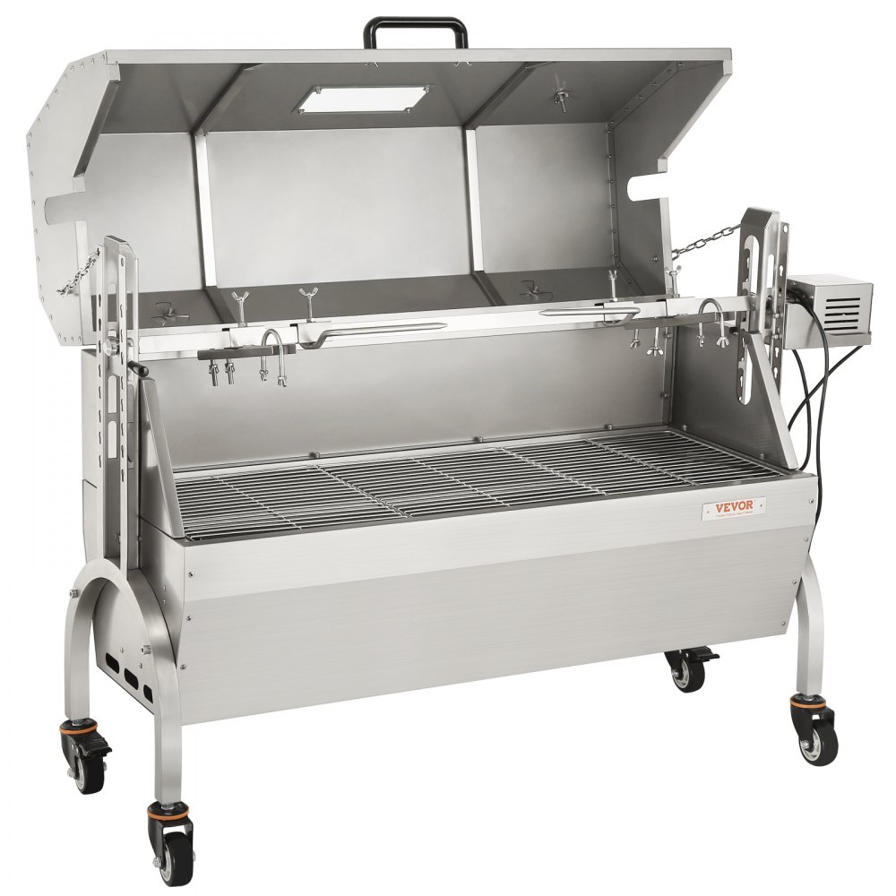 VEVOR Girarrosto Spiedo BBQ con Coperchio 50W in Acciaio Inox Manuale/Elettrico Capienza Max. 60kg Altezza Regolabile 19-43,2cm, Kit di Girarrosto Spiedo per BBQ Festa Evento Esterno Lunghezza 117 cm