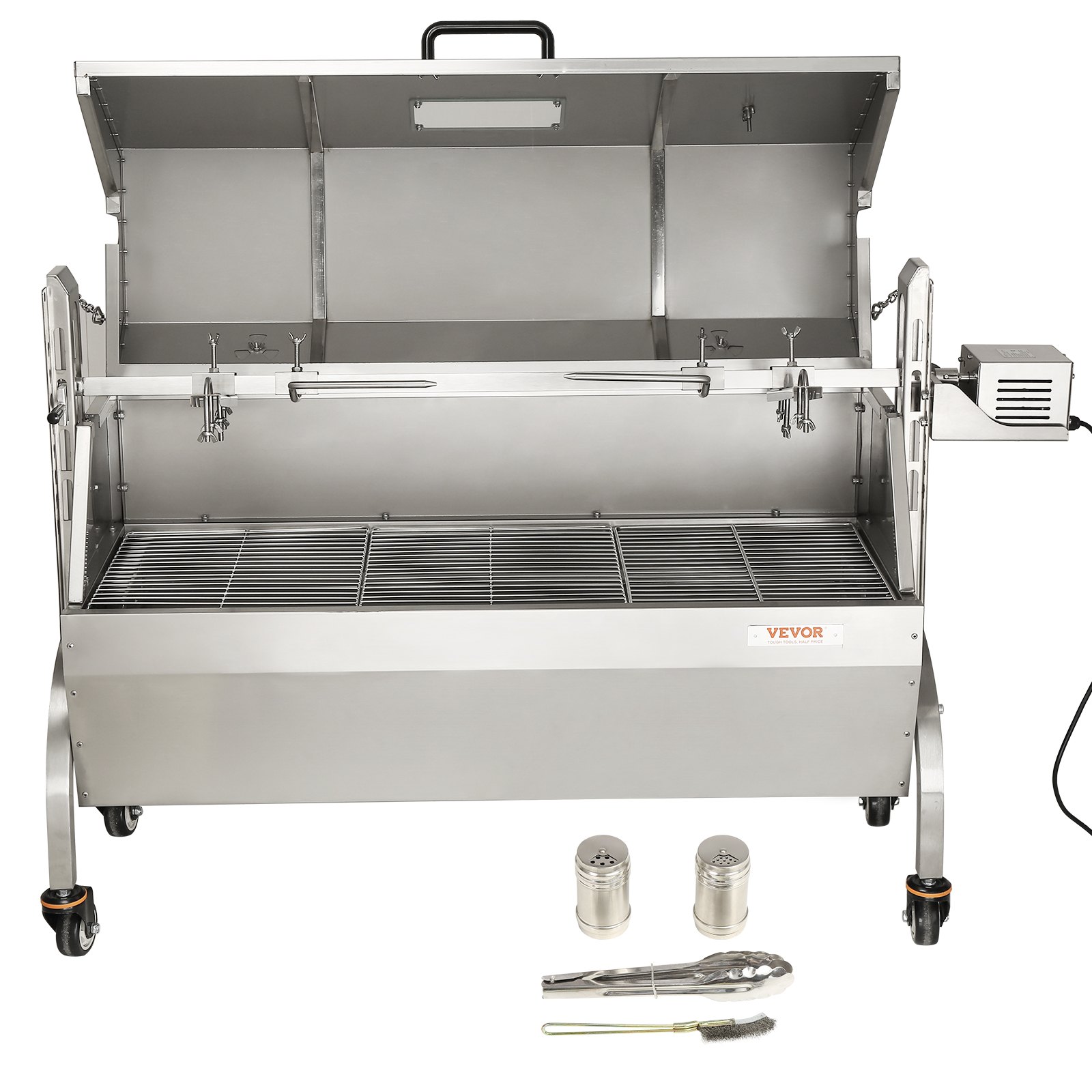 VEVOR Girarrosto Spiedo BBQ con Coperchio 50W in Acciaio Inox Manuale/Elettrico Capienza Max. 60kg Altezza Regolabile 19-43,2cm, Kit di Girarrosto Spiedo per BBQ Festa Evento Esterno Lunghezza 117 cm