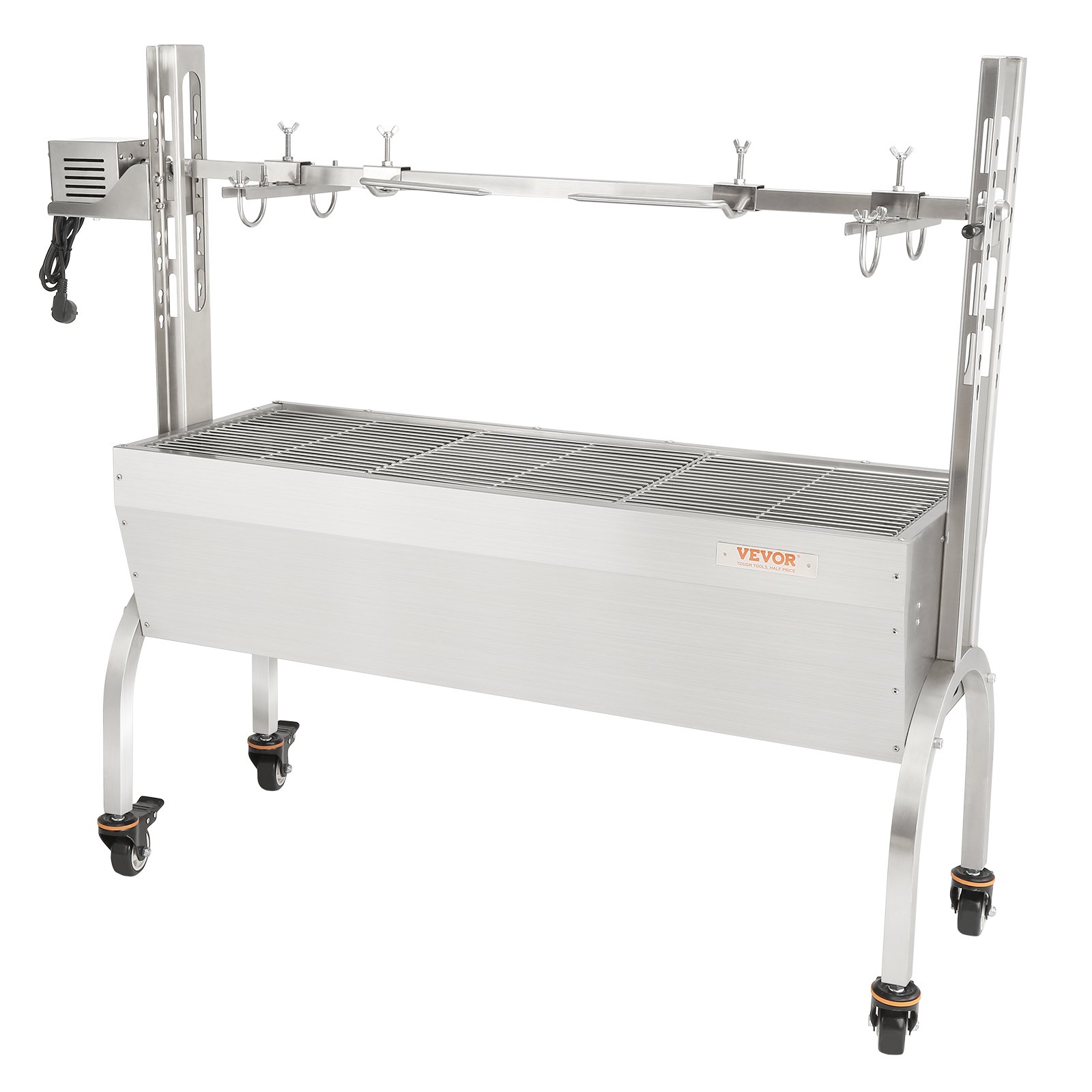 VEVOR Girarrosto Spiedo BBQ 50W in Acciaio Inox Manuale/Elettrico Capienza Max. 41 kg Altezza Regolabile 19-43,2 cm con Ruote, Kit di Girarrosto Spiedo per BBQ Festa Evento Esterno Lunghezza 117 cm