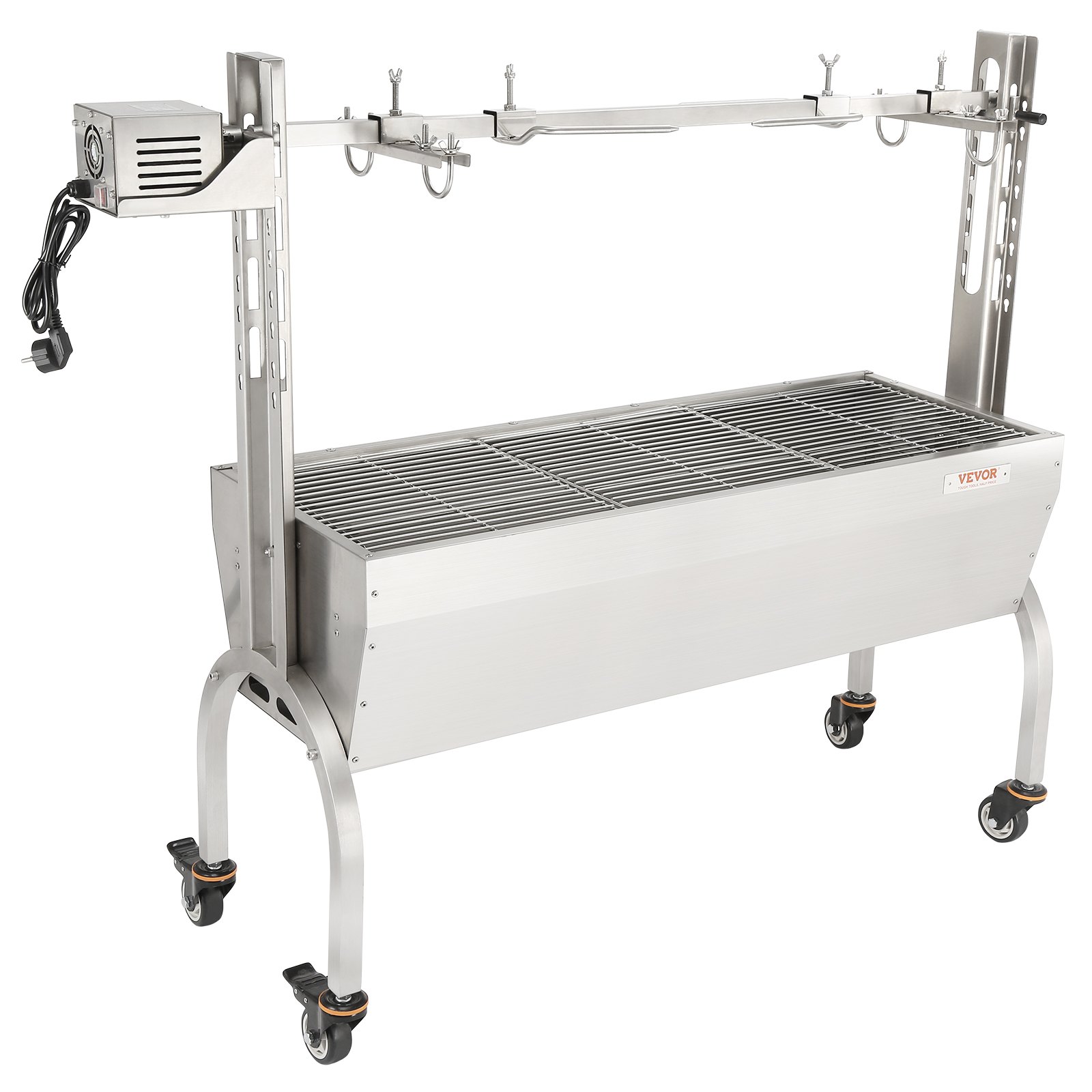 VEVOR Girarrosto Spiedo BBQ 50W in Acciaio Inox Manuale/Elettrico Capienza Max. 41 kg Altezza Regolabile 19-43,2 cm con Ruote, Kit di Girarrosto Spiedo per BBQ Festa Evento Esterno Lunghezza 117 cm