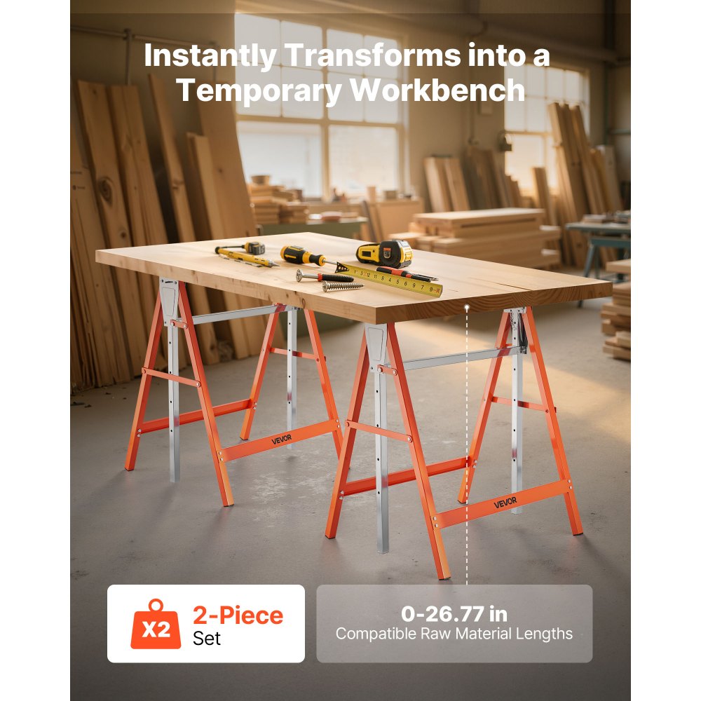VEVOR Cavalletto Taglialegna Pieghevole Capacità di Carico 199,6 kg, Supporto Cavalletto Pieghevole Portatile Set da 2 pezzi Altezza Regolabile per Carpenteria Falegname, Supporto Banco da Lavoro