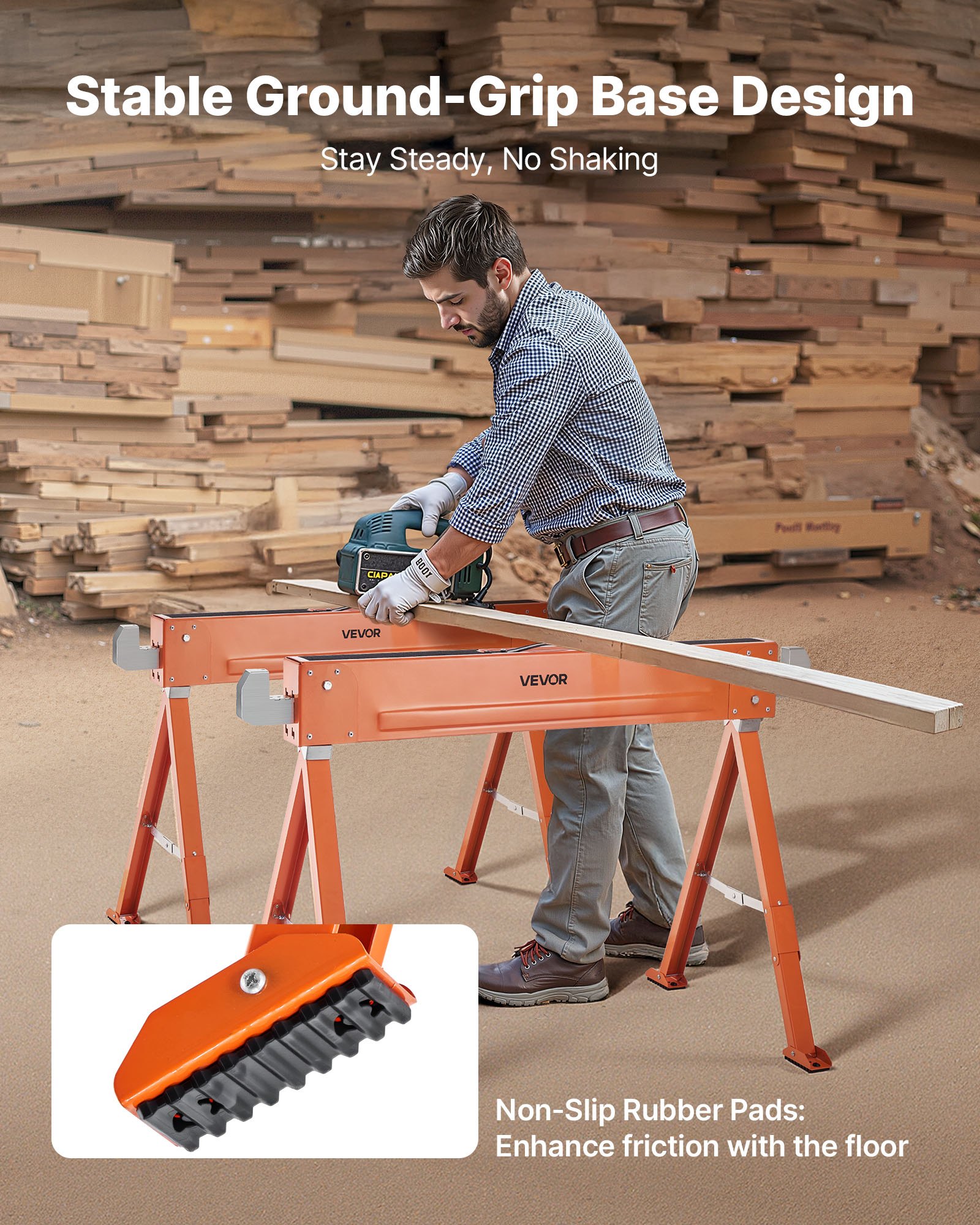 VEVOR Cavalletto Taglialegna Pieghevole Capacità di Carico 600 kg, Supporto Cavalletto Pieghevole Portatile Set da 2 pezzi Cuscini Antiscivolo per Carpenteria Falegname, Supporto Banco da Lavoro