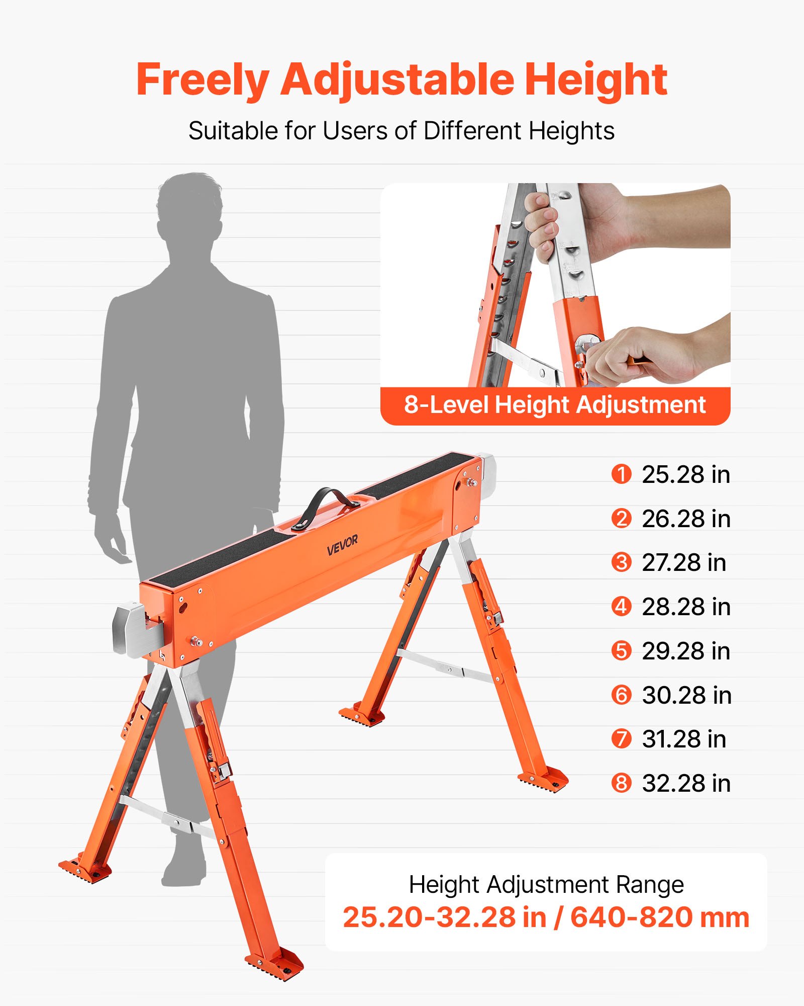 VEVOR Cavalletto Taglialegna Pieghevole Capacità di Carico 816,5 kg, Supporto Cavalletto Pieghevole Portatile Set da 2 pezzi Altezza Regolabile per Carpenteria Falegname, Supporto Banco da Lavoro