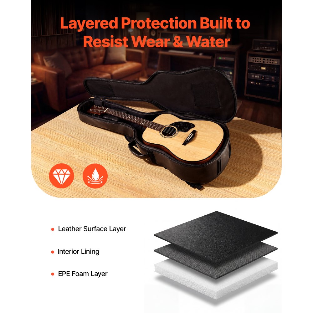 VEVOR Custodia Borsa per Chitarra Acustica Folk 1041 mm Doppia Tracolla, Borsa per Trasporto Conservazione di Chitarra, Scomparto per Accessori, Maniglia per Trasporto, Custodia di Protezione