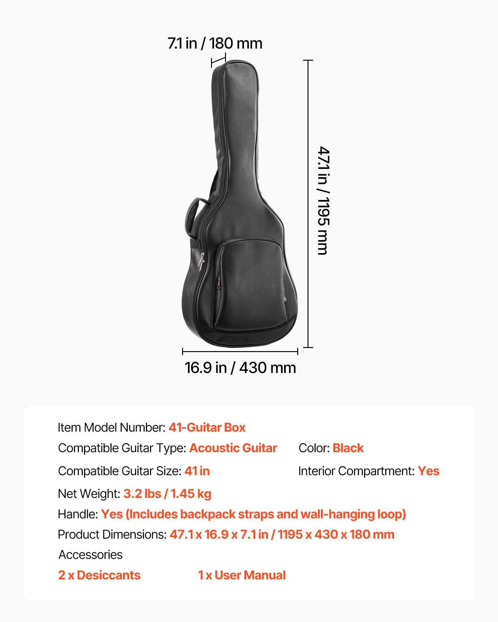 VEVOR Custodia Borsa per Chitarra Acustica Folk 1041 mm Doppia Tracolla, Borsa per Trasporto Conservazione di Chitarra, Scomparto per Accessori, Maniglia per Trasporto, Custodia di Protezione