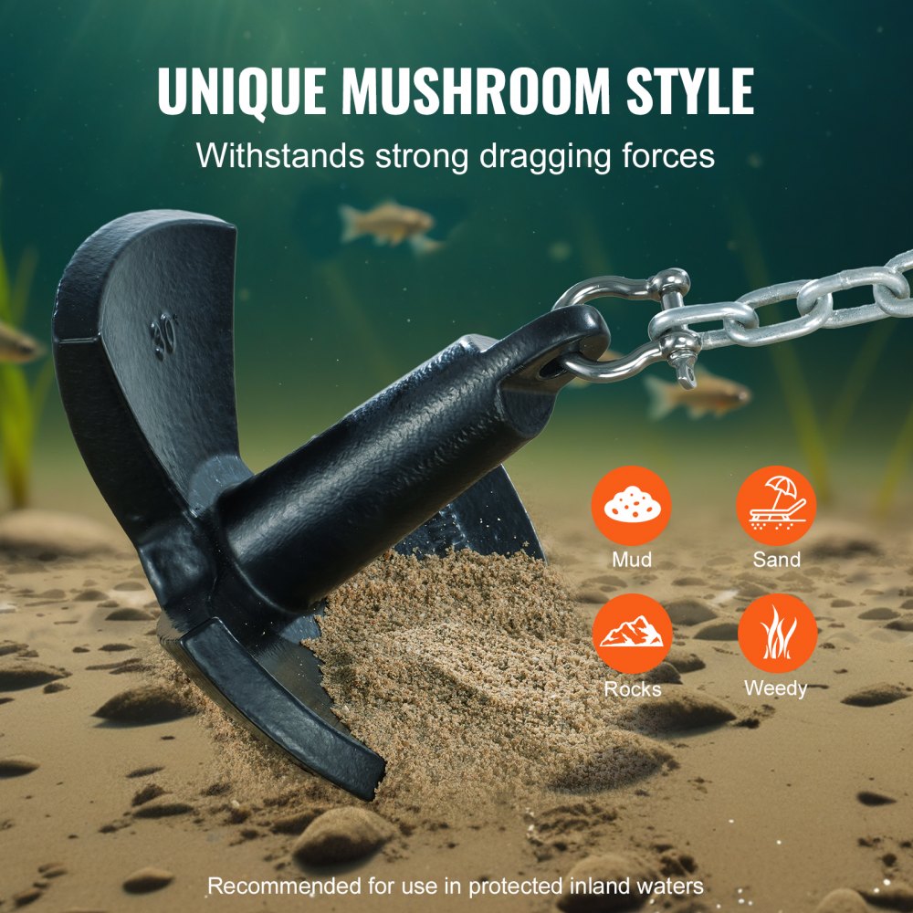 VEVOR River Anchor, Cast Iron Boat Anchor with Black Vinyl Coating, 13.6 kg, Marine-Grade Mushroom Anchor for Boats up to 9.14 m, Impressive Holding Power in Rivers and Lakes with Mud Bottoms