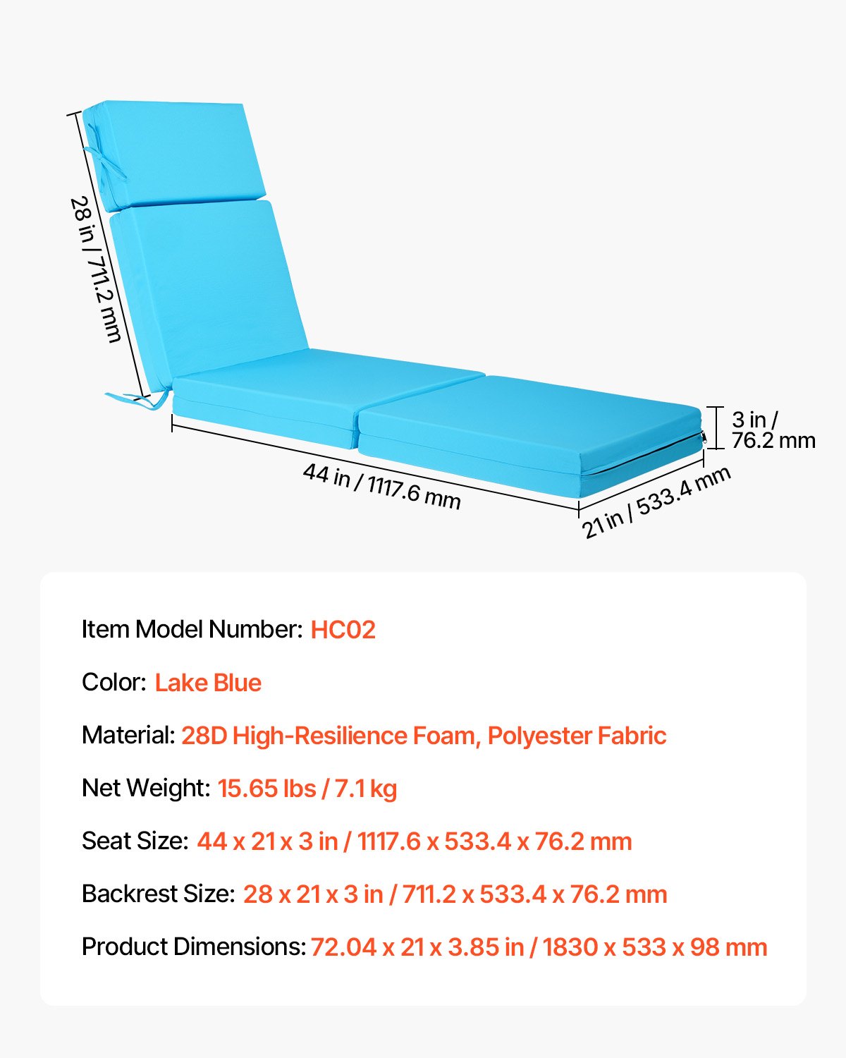 VEVOR Set di 2 Cuscino per Chaise Longue, 182,9 x 53,3 x 7,6 cm, Impermeabili Resistenti allo Sbiadimento, per Sdraio con Lacci, Spessi Cuscini per Sdraio da Giardino per Piscina, Verde Acqua
