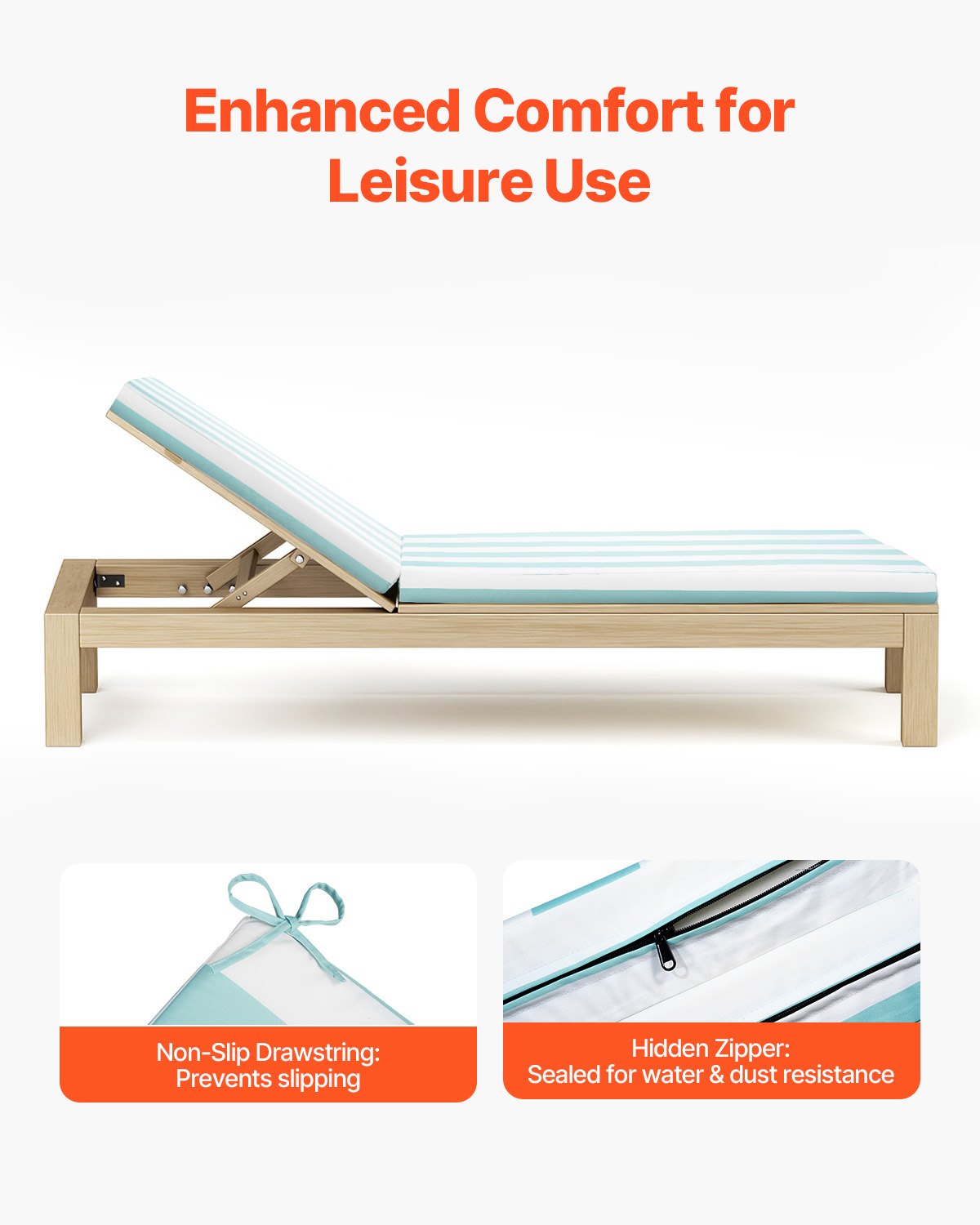 VEVOR Set di 2 Cuscino per Chaise Longue, 2032 x 660 x 98 mm, Cuscini per Lettini Prendisole Impermeabili e Resistenti allo Sbiadimento, Esterno con Lacci, per Piscina, Strisce Verdi e Bianche