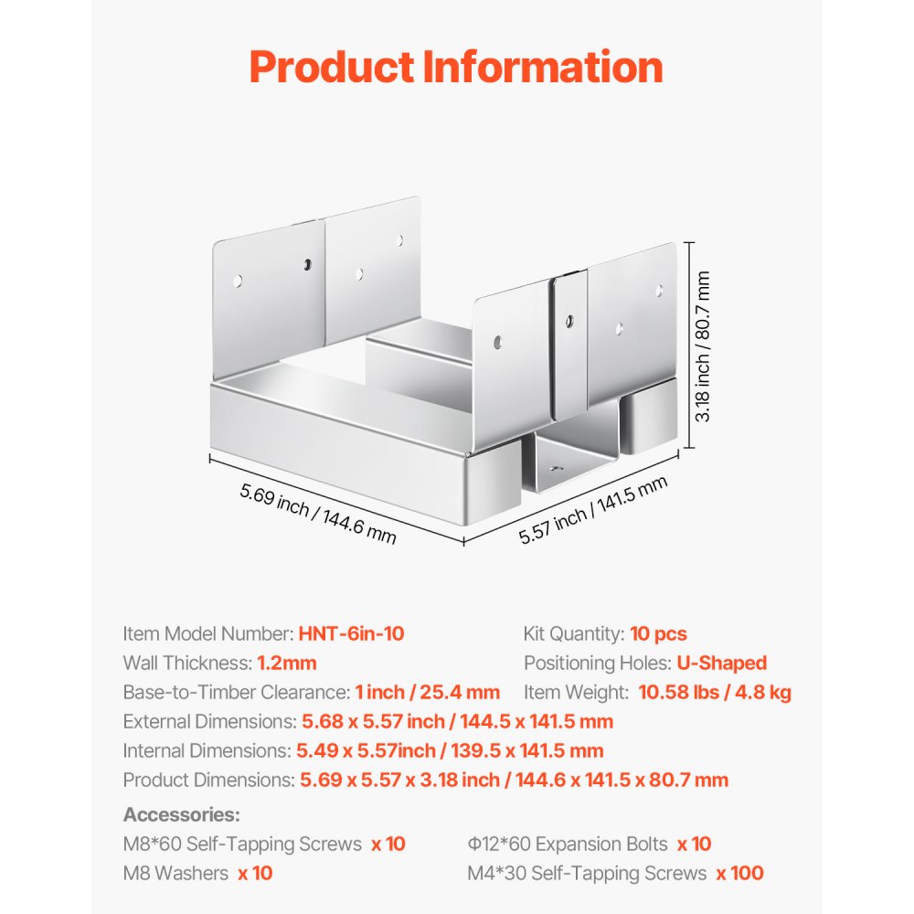 VEVOR Base per Pali 144,5 x 141,5 mm Dimensioni Interne 139,5 x 141,5 mm Ancoraggio per Pali in Cemento in Acciaio al Carbonio Zincato per Impieghi Gravosi, Elevazione 25,4 mm per Pergole in Cemento