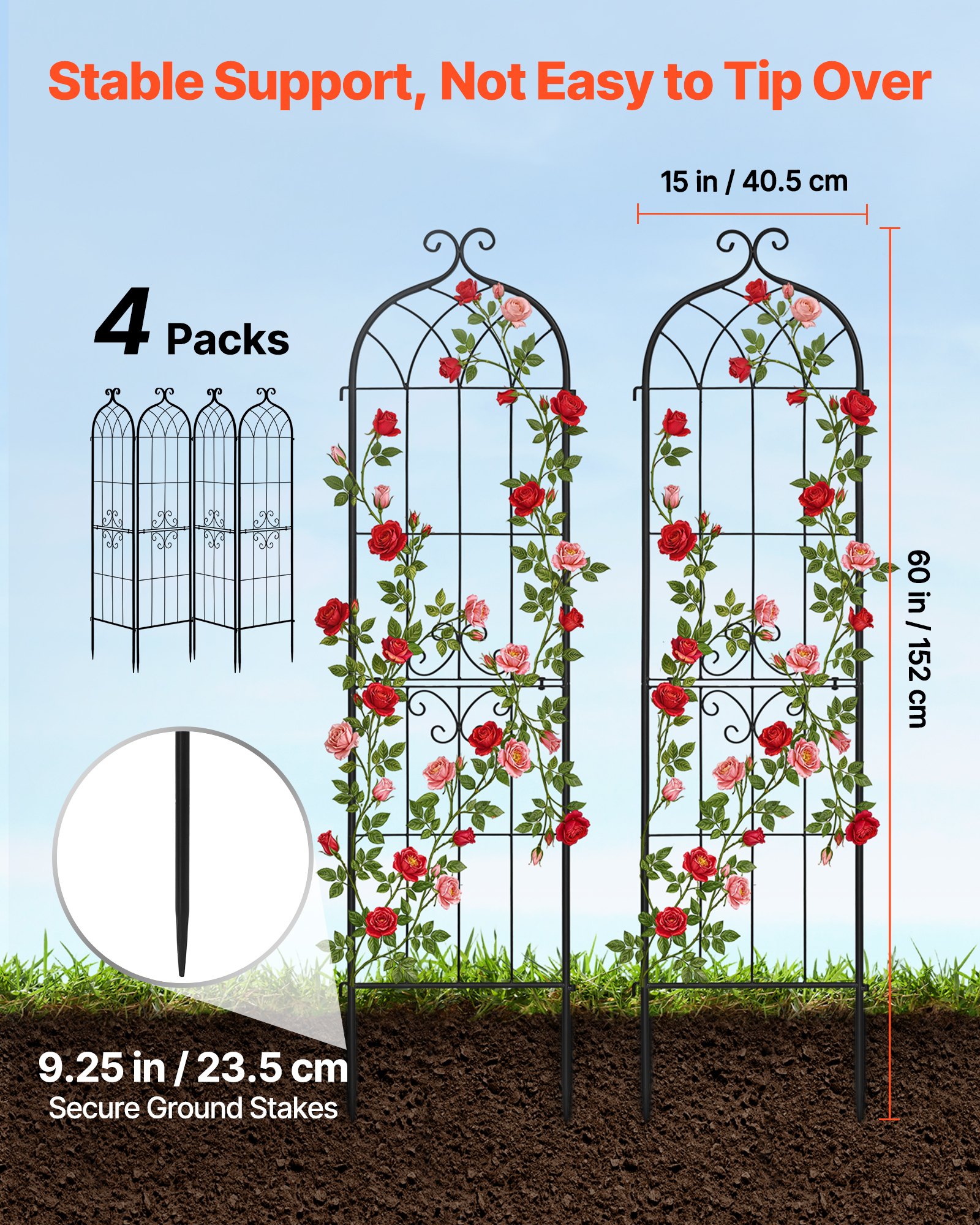 VEVOR Traliccio da Giardinaggio 152x40,5 cm, Set da 4 Grigliati a Incastro per Fiori e Rose con Finitura Verniciata a Polvere e Design Decorativo, Graticci di Sostegno per Rampicanti, Ortaggi, Rose