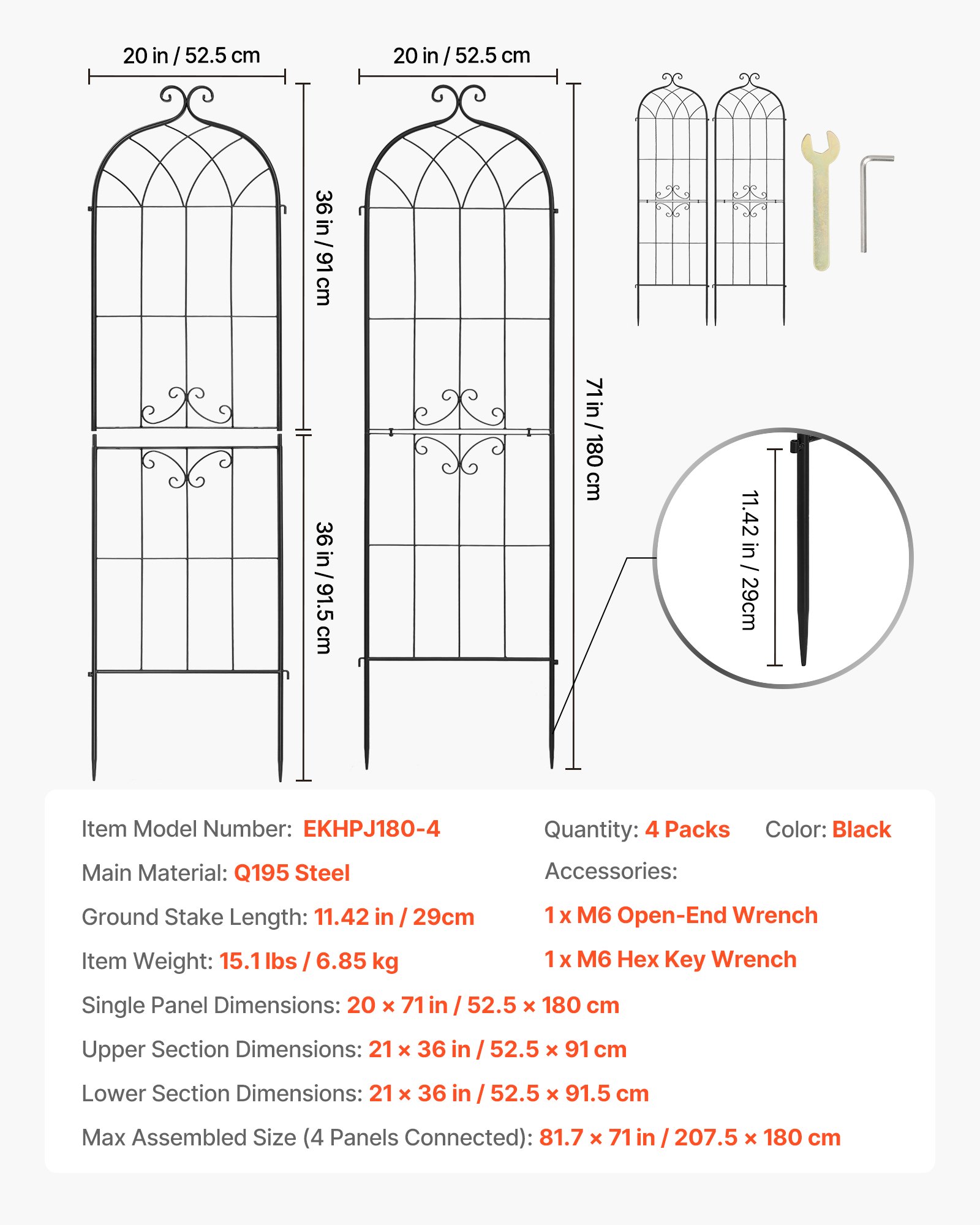 VEVOR Garden Trellis, 180 x 52.5 cm Rose Trellis, 4 Packs Garden Flower Rose Trellises with Powder-Coated Finish & Convenient Locking Design, Plant Support Trellises for Flowers, Vegetables, Roses