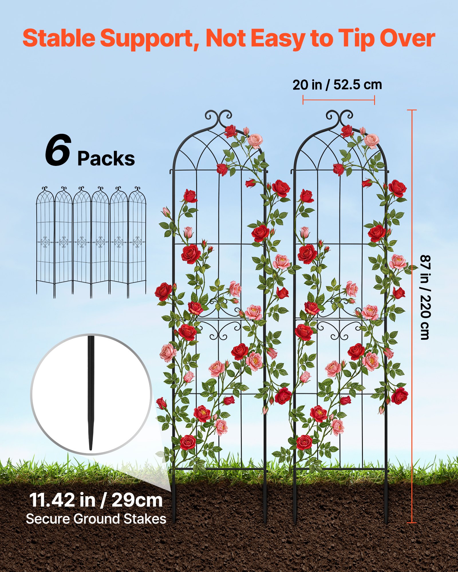 VEVOR Set 6 pz Traliccio da Giardinaggio 220x52,5 cm, Graticcio in Metallo per Prati e Aiuole con Finitura Verniciata a Polvere e Funzione ad Incastro, per Sostegno di Fiori Ortaggi Piante Rampicanti