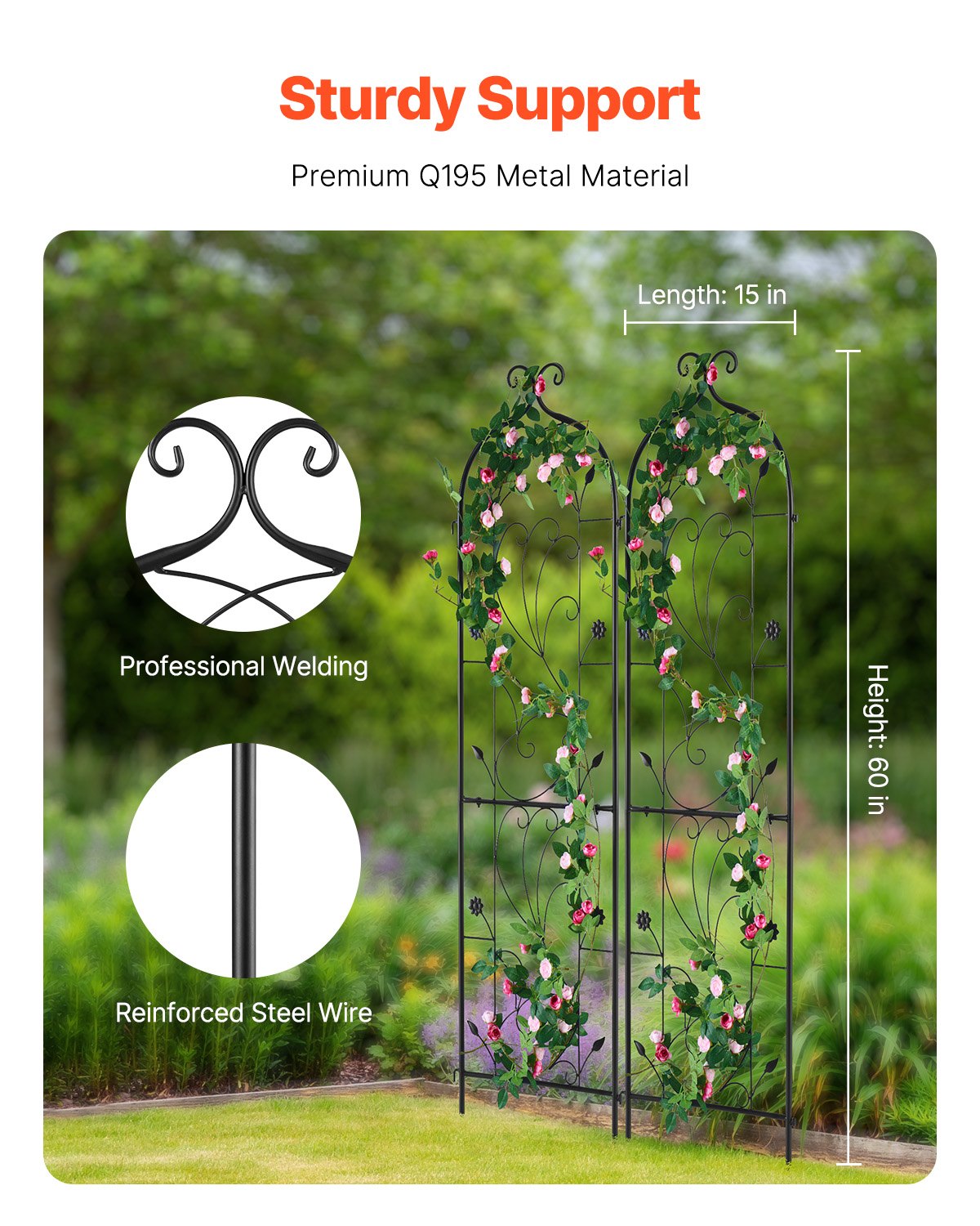 VEVOR Traliccio da Giardino Rampicanti per Piante Fiori in Metallo Antiruggine, Supporto per Traliccio per Rose Rampicanti Esterno, Traliccio Decorativo per Clematide Alta Cortili 38 x 152 cm 2 Pezzi