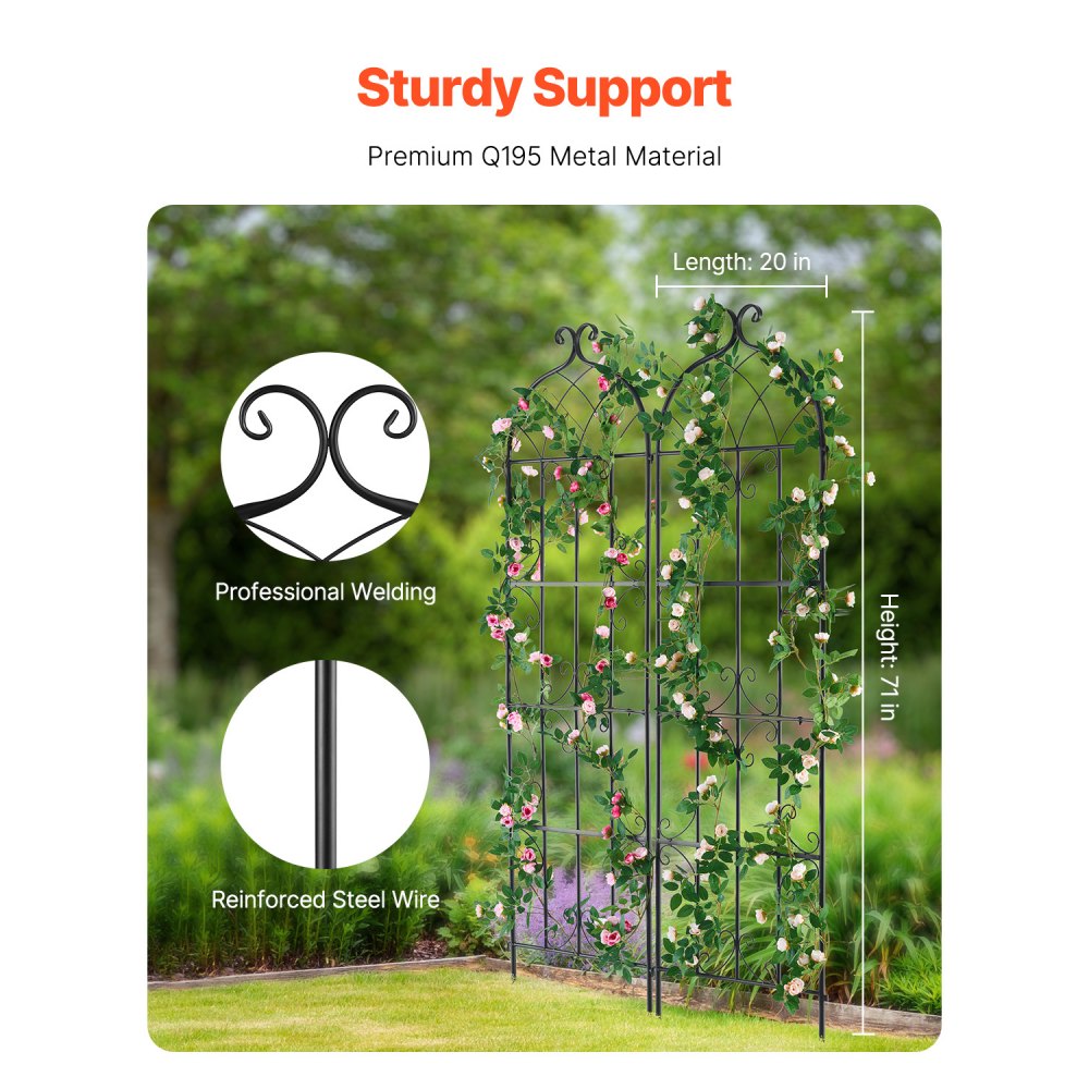 VEVOR Climbing Plant Support, 51x180 cm, Climbing Aid, Set of 2, Rustproof Metal Trellis for Garden Flowers, Climbing Frame for Roses, Cucumber Support, Decorative Clematis Trellis for Courtyards & Lawns