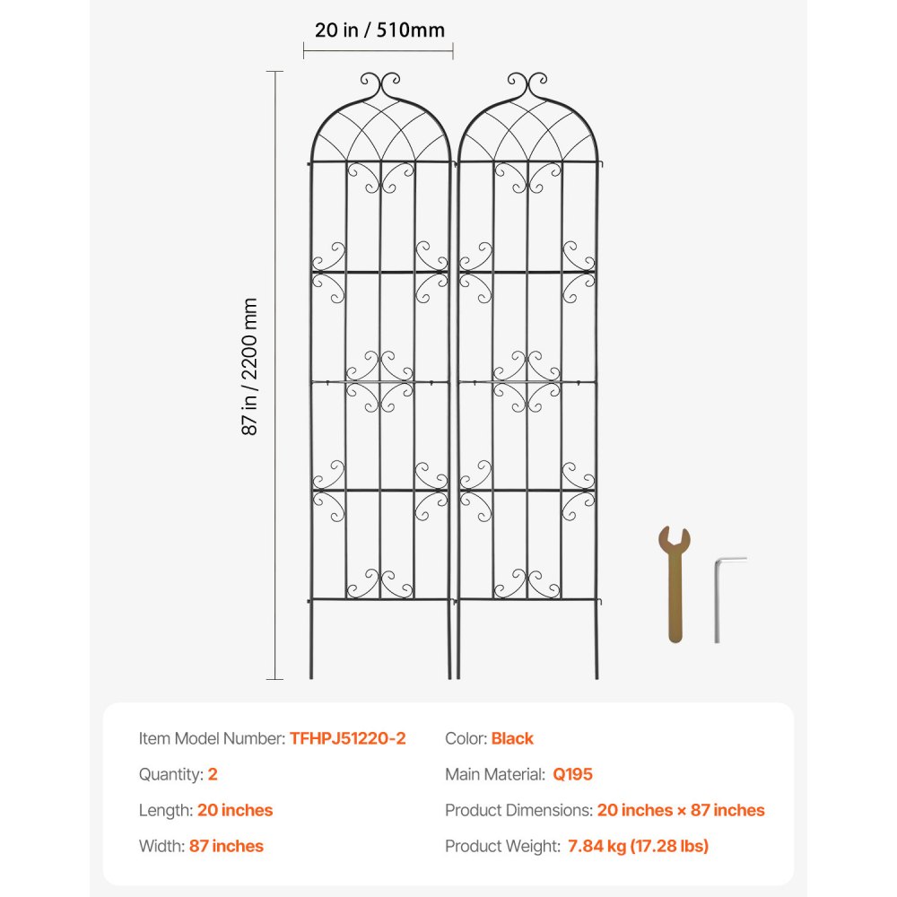 VEVOR Climbing Aid, 221 x 50 cm, Set of 2, Rustproof Metal Trellis for Garden Flowers, Climbing Frame for Roses, Cucumber Support, Climbing Aid, Plant Trellis, Decorative Clematis Trellis for Courtyards & Lawns