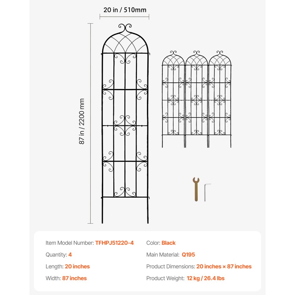 VEVOR Climbing Plant Support, 51x220 cm, Set of 4, Rustproof Metal Trellis for Garden Flowers, Climbing Rose Trellis, Climbing Frame, Cucumber Support, Decorative Clematis Trellis for Courtyards & Lawns