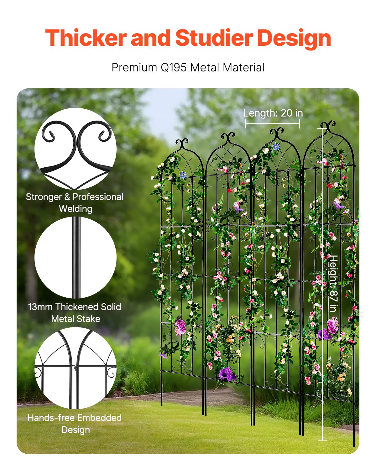 VEVOR Climbing Plant Support, 51x220 cm, Set of 4, Rustproof Metal Trellis for Garden Flowers, Climbing Rose Trellis, Climbing Frame, Cucumber Support, Decorative Clematis Trellis for Courtyards & Lawns