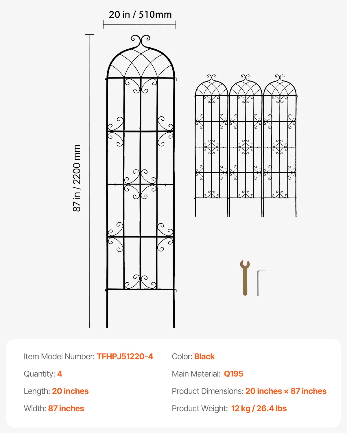 VEVOR Traliccio da Giardino Rampicanti per Piante Fiori in Metallo Antiruggine, Supporto per Traliccio per Rose Rampicanti Esterno, Traliccio Decorativo per Clematide Alta Cortili 51 x 220 cm 4 Pezzi