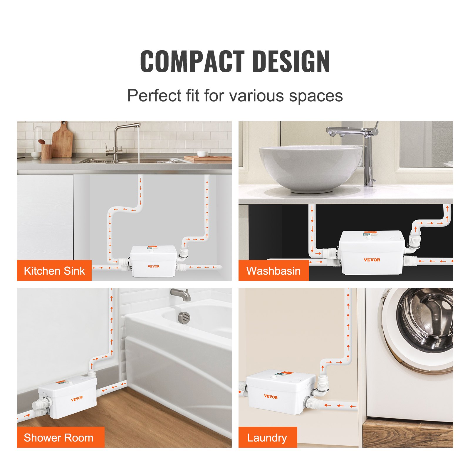 VEVOR Pompa Acque Pompa Sommersa Pompa Trituratore per Scarico Bagno Pompa Maceratrice Sanitaria 350W Prevalenza Max 7m 3 Entrate per Tubi Portata