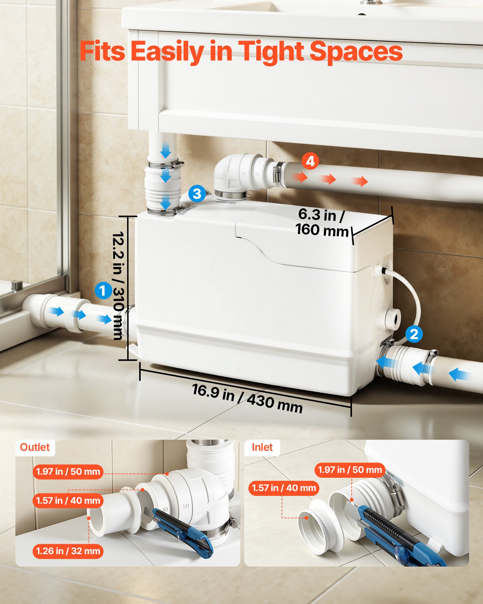 VEVOR Pompa di Sollevamento per Acqua Grigie Doccia Cucina 800W 200L/min, Pompa Sommergibile per Acque Grigie Sistema Separazione Acqua-Elettricità, Portata 200 LPM, Prevalenza 10 m, Bagno, Lavello