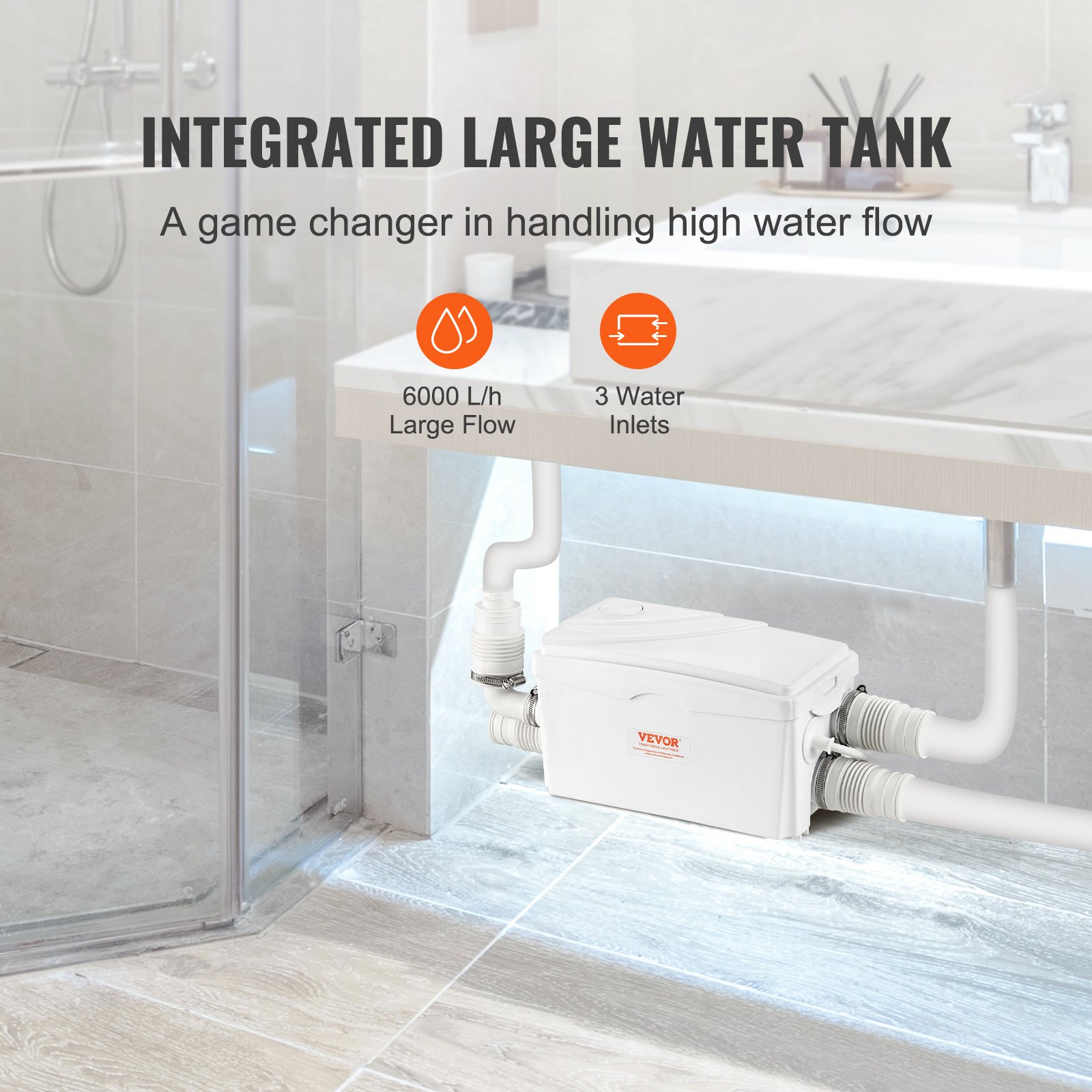 VEVOR Pompa Di Sollevamento Acque Reflue 350 W Portata 6000 L/h Prevalenza 7 m Di Sollevamento Acque Reflue Pompa da per Acque Luride con 3 Ingressi Acqua per Cantina, Macchina per lo Smaltimento delle Acque Reflue della Lavanderia