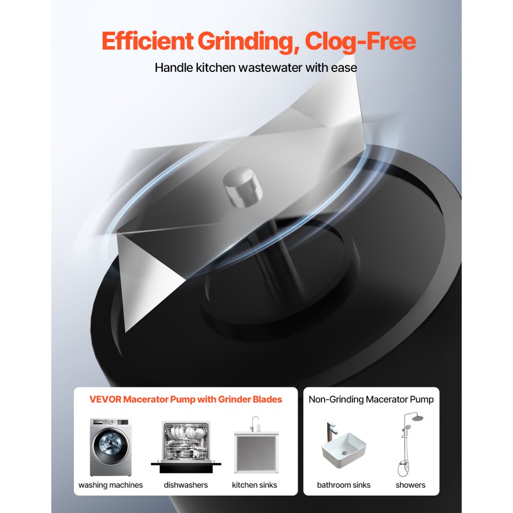 VEVOR Pompa Maceratrice per WC Fognario, 500 W, Portata 110 LPM, Prevalenza 8 m, con 4 Ingressi per l'Acqua, Macchina per Smaltimento delle Acque Reflue per Cucina, Seminterrato, Doccia
