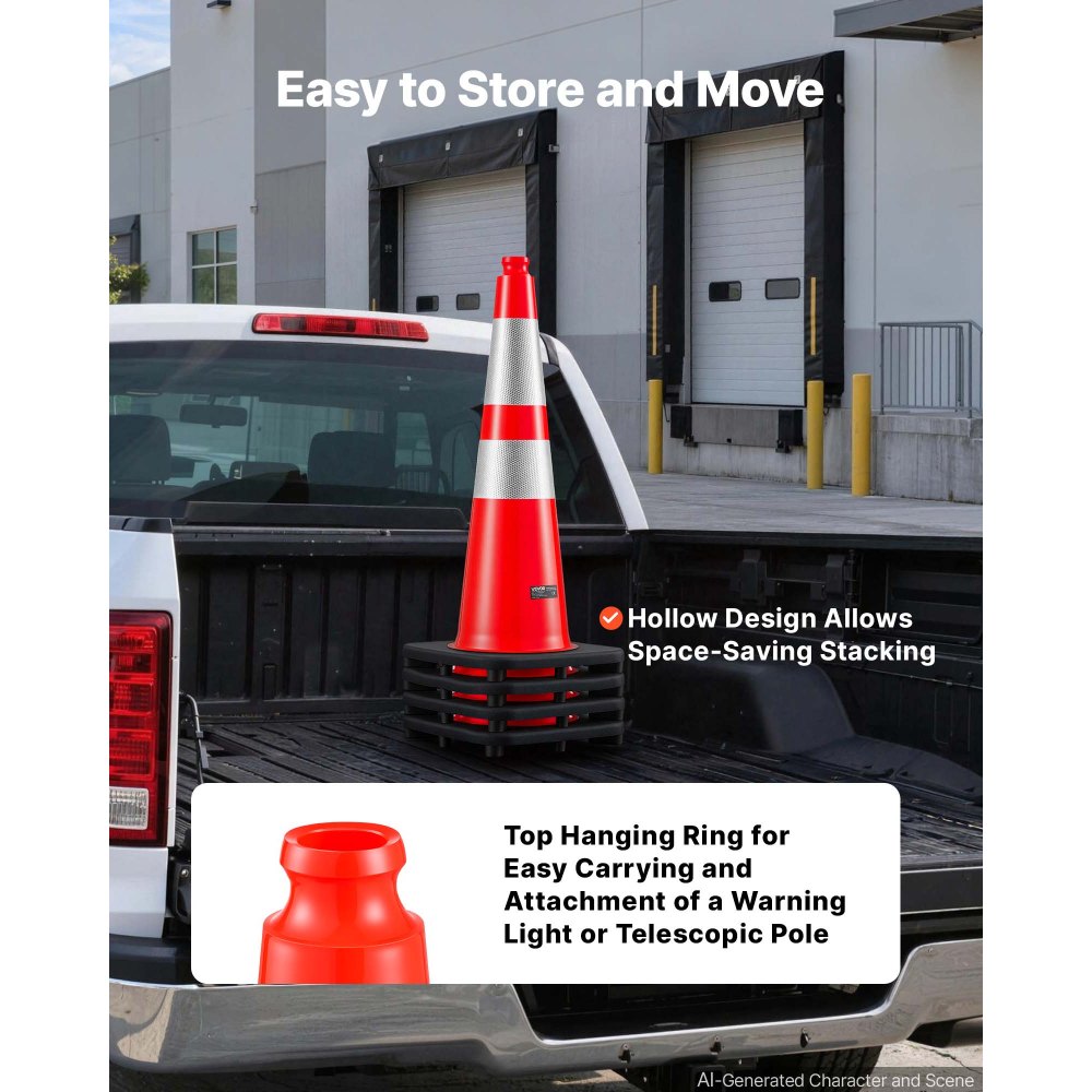 VEVOR Coni Segnaletici Stradali 305 x 305 x 715 mm Confezione da 12 in PVC, per Aree Transennate o di Segnalazione, Controllo Traffico con Strisce Riflettenti Alta Visibilità, Salvaspazio Impilabili