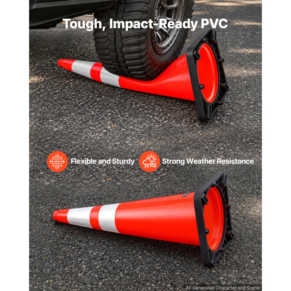 VEVOR Coni di Segnalazione Stradale 325 x 325 x 915 mm da 4 Pezzi in PVC, per Barriere o Aree Parcheggio, per Controllo Traffico con Strisce Riflettenti ad Alta Visibilità, Salvaspazio e Impilabili