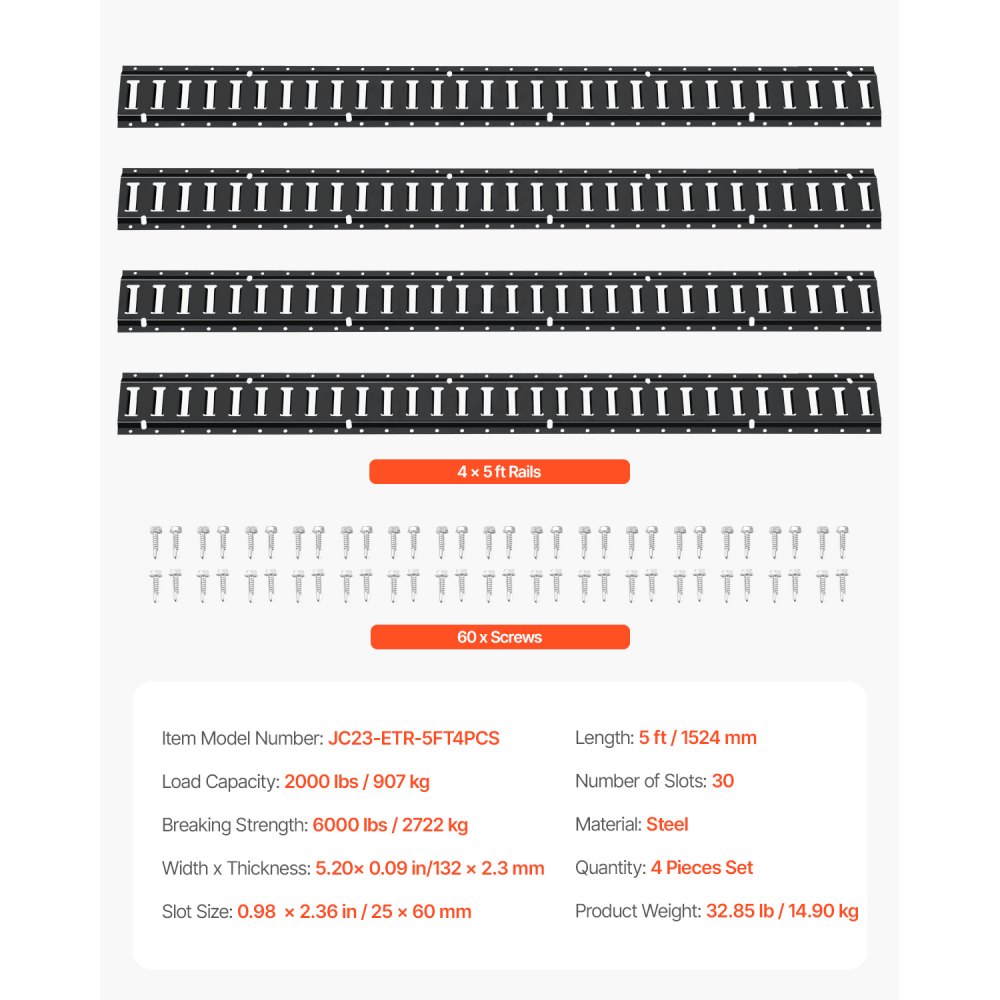 VEVOR E-Track Rail Set, 1.52 m long steel rails, 4-pack, load capacity up to 914 kg, robust rails with screws for garages, vans, trailers, motorcycle tie-down straps, ATV mounts