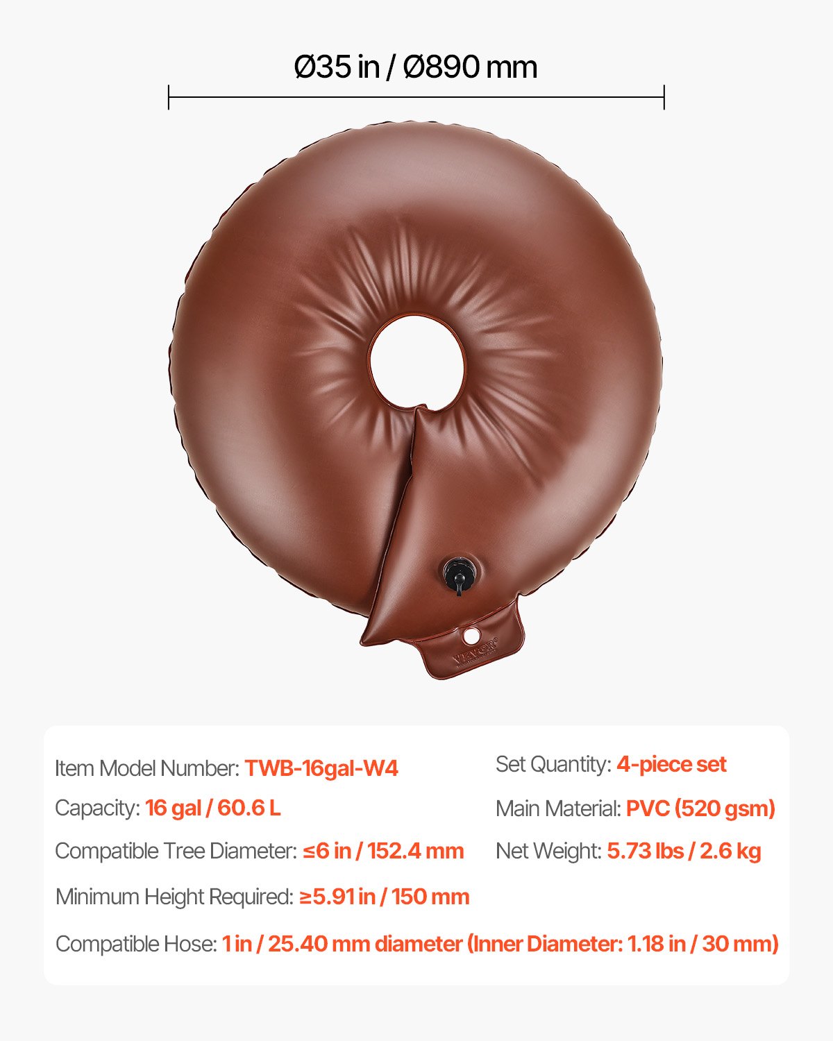 VEVOR Anelli per Irrigazione degli Alberi, 4 Confezioni da 60,6 L 2,6 kg, Sacchetti per Alberi Rilascio Lento 6-9 Ore, Irrigazione delle Piante, Sistema di Gocciolamento Radici 140 mm