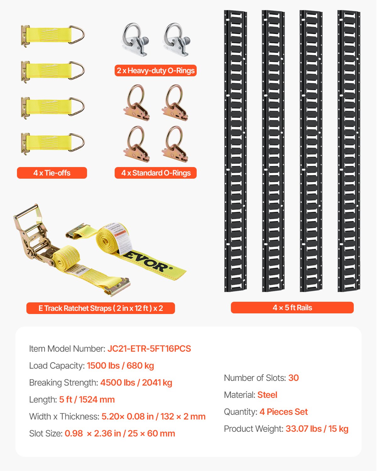 VEVOR E-Track Tie Down Kit, 18 Pezzi VV-ETS-TD518 Capacità 454 kg Lunghezza 5 Piedi Binari della Linea a E-track in Acciaio con Cinghie di Fissaggio e Anelli per I Rimorchi, Pickup, Camion e Furgoni