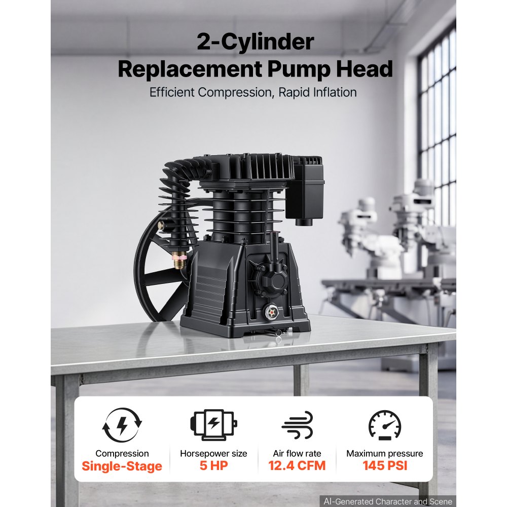 VEVOR Testata per Compressore d’Aria 3,73 kW 351L/min 2 Cilindri Monostadio, Pompa Lubrificata a Olio, Struttura in Ghisa, Pressione Massima 10 Bar, Ideale per Falegnameria, Officina e Autoriparazione