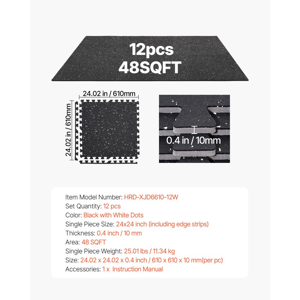 VEVOR Puzzle Exercise Mat, 12 PCS Fitness Equipment Mats, 610 x 610 x 10 mm, High-Density EVA Foam Mat Set, Interlocking Rubber Soft Tiles, Protective Floor Padding with White Dots for Home Gym Office