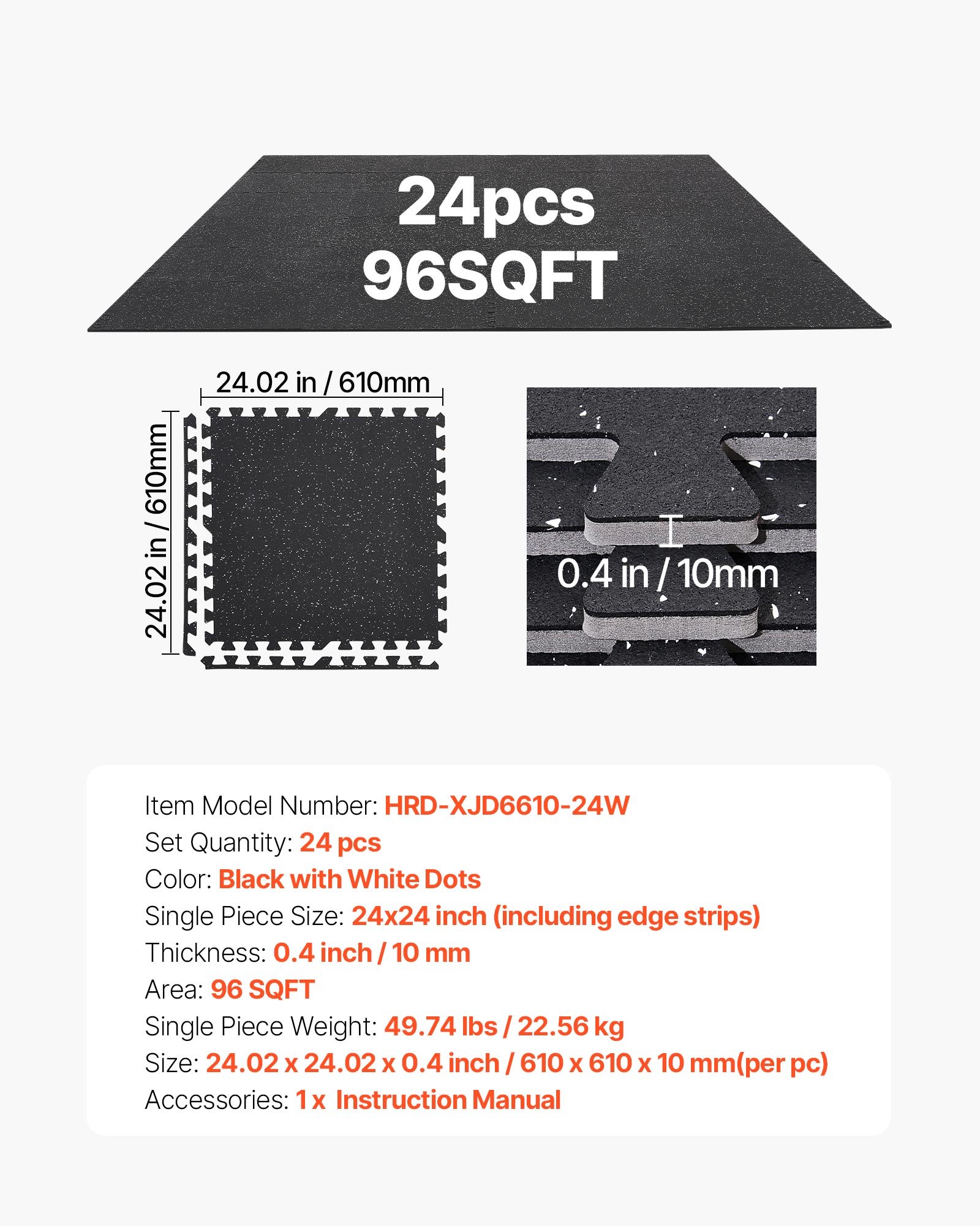 VEVOR Set Tappetino Puzzle Protettivo per Pavimento da Palestra 24 pezzi 610 x 610 x 10 mm, Tappetini in Schiuma EVA ad Incastro Piastrelle da Ginnastica Allenamento Yoga Fitness, Puntini Bianchi