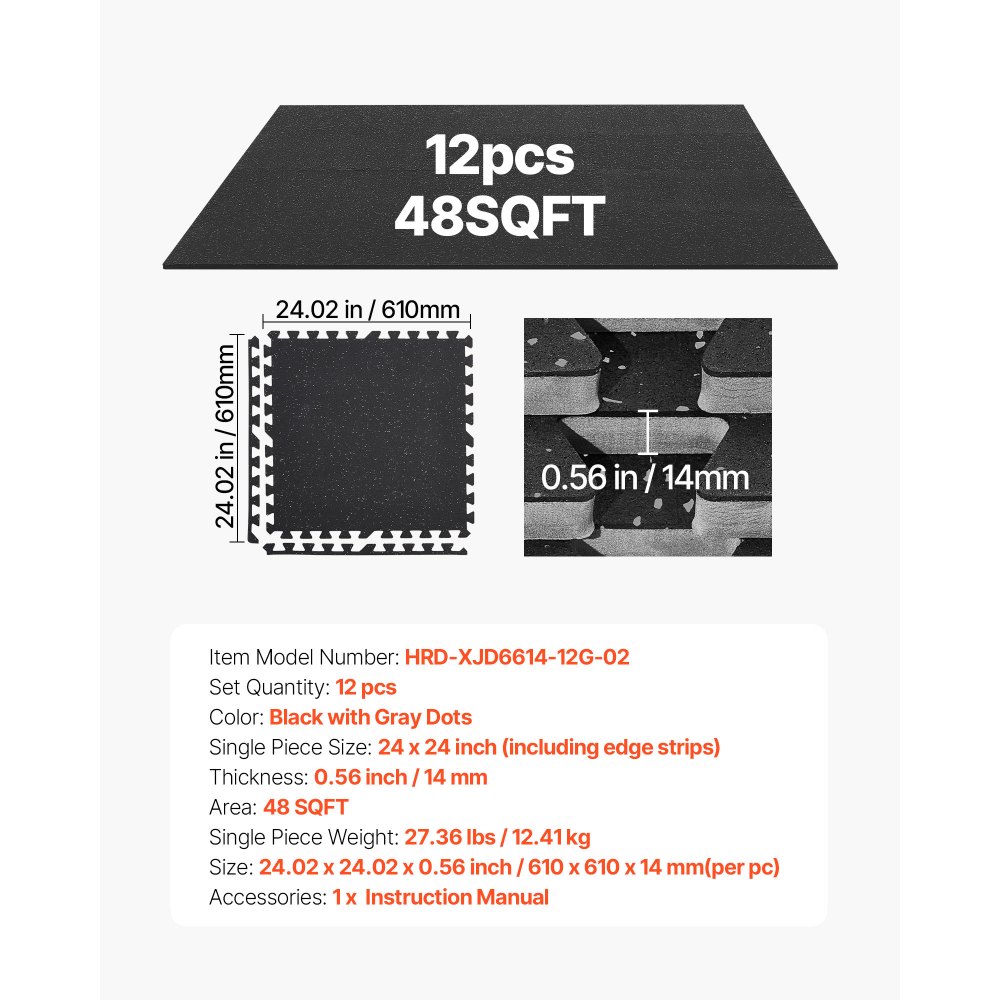 VEVOR Set Tappetino Puzzle Protettivo Sportivo per Pavimento da Palestra 12 pezzi 610 x 610 x14 mm, Tappetini in Schiuma EVA Fitness ad Incastro da Ginnastica Palestra Ufficio Allenamento