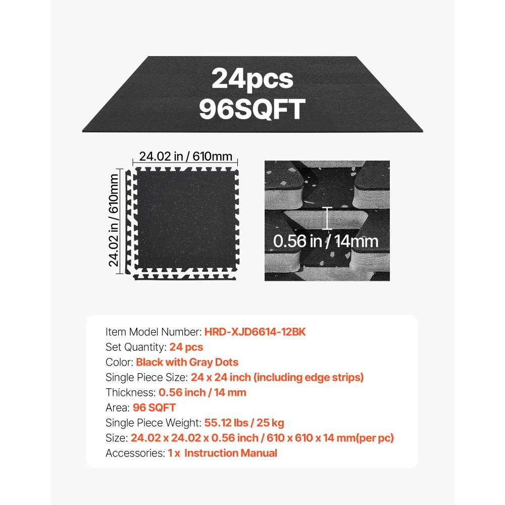 VEVOR Set Tappetino Puzzle Protettivo per Pavimento da Palestra 24 pezzi 610 x 610 x14 mm, Tappetini in Schiuma EVA Fitness ad Incastro da Ginnastica Palestra Ufficio Studio Allenamento