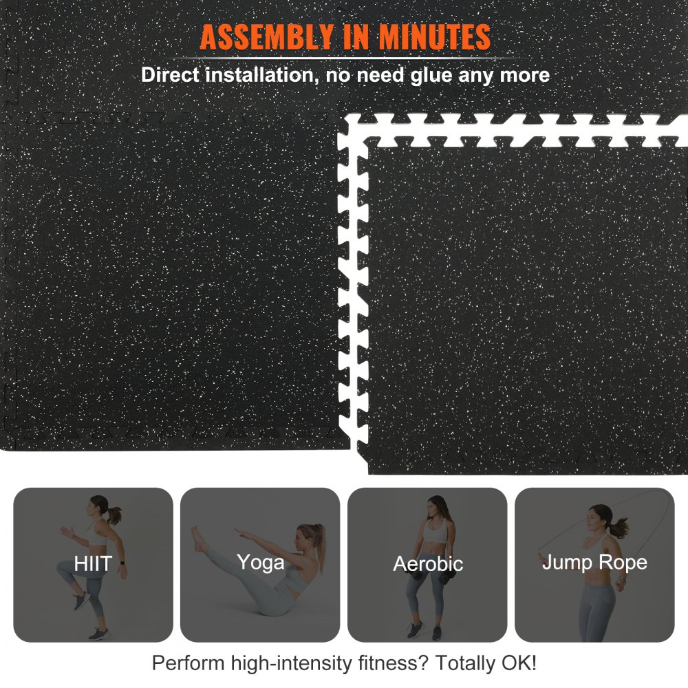 VEVOR Tappetini per Piastrelle ad Incastro in Gomma e Schiuma EVA, Piastrelle da 6 Pz per Pavimenti Fitness con 12 Bordi, Totale 2,2 m² Colore a Nero e Grigio, Adatto per Palestra, Cantina, Casa, ecc.