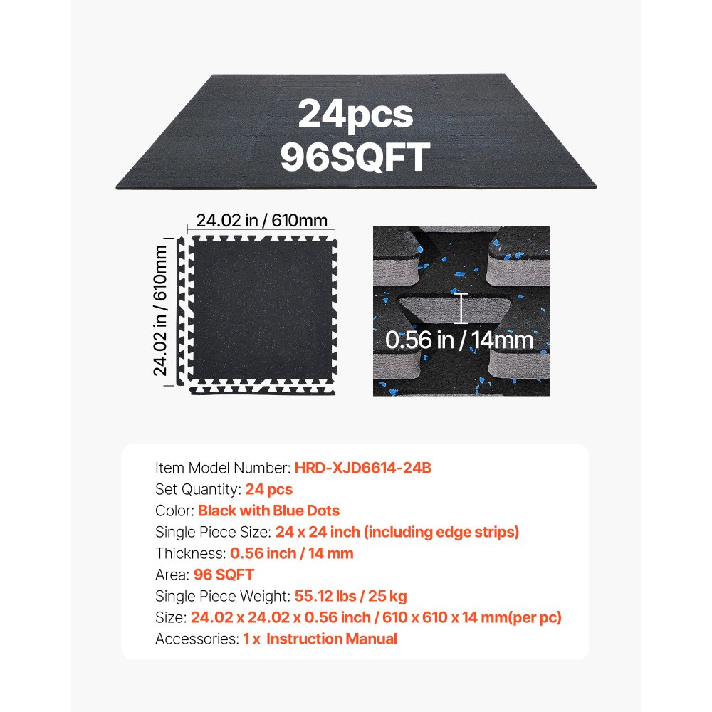 VEVOR Set Tappetino Puzzle Protettivo per Pavimento da Palestra 24 pezzi 610 x 610 x14 mm, Tappetini in Schiuma EVA ad Incastro con Puntini Blu da Ginnastica Palestra Ufficio Casa Allenamento