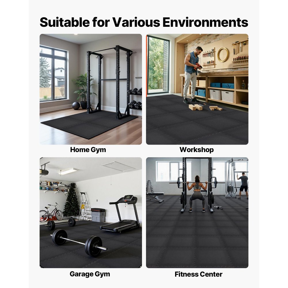 VEVOR Set Tappetino Puzzle Protettivo per Pavimento da Palestra 12 pezzi 610 x 610 x 14 mm, Tappetini in Schiuma EVA ad Incastro Piastrelle da Ginnastica Ufficio Allenamento Yoga Fitness, Nero