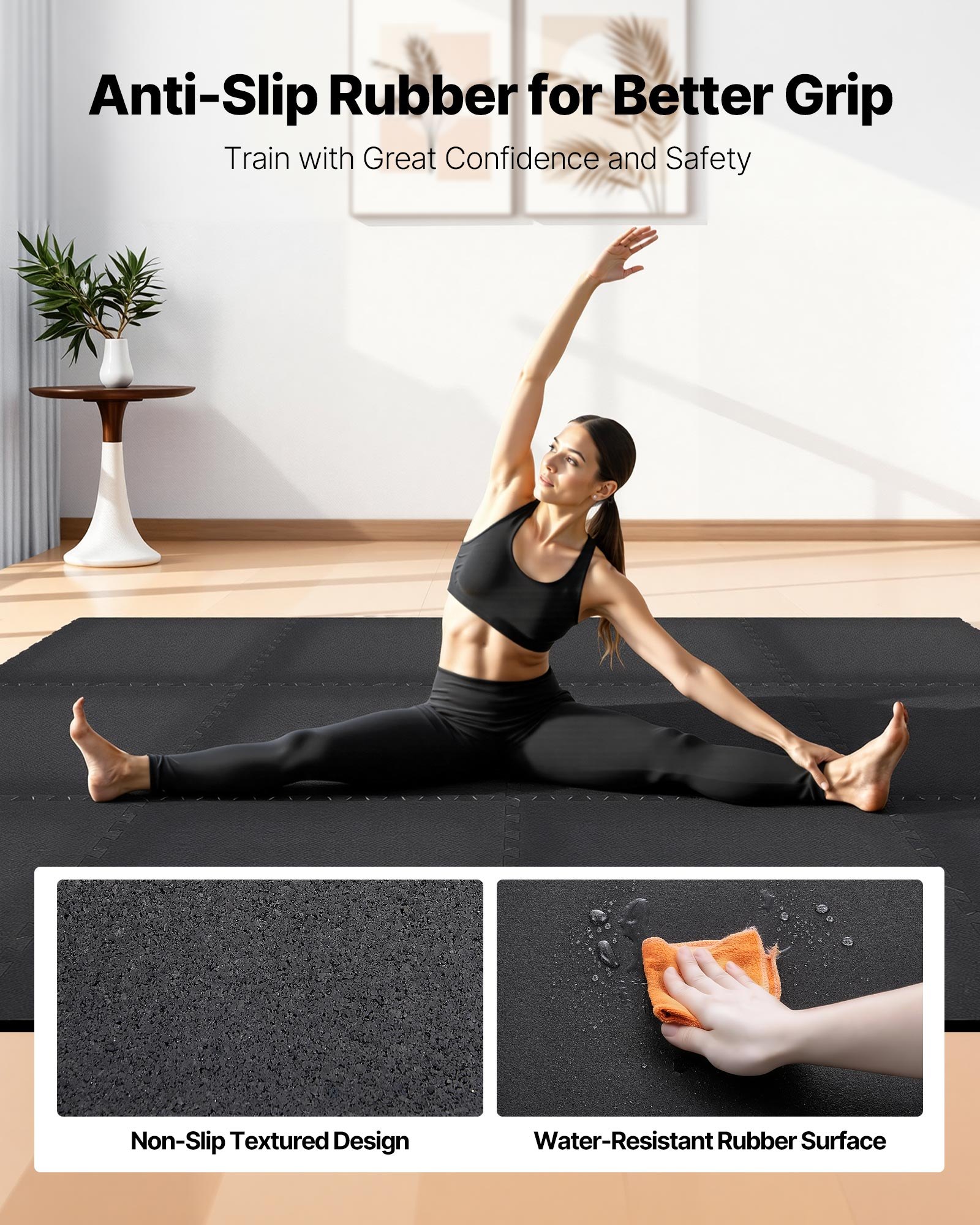 VEVOR Set Tappetino Puzzle Protettivo per Pavimento da Palestra 12 pezzi 610 x 610 x 14 mm, Tappetini in Schiuma EVA ad Incastro Piastrelle da Ginnastica Ufficio Allenamento Yoga Fitness, Nero