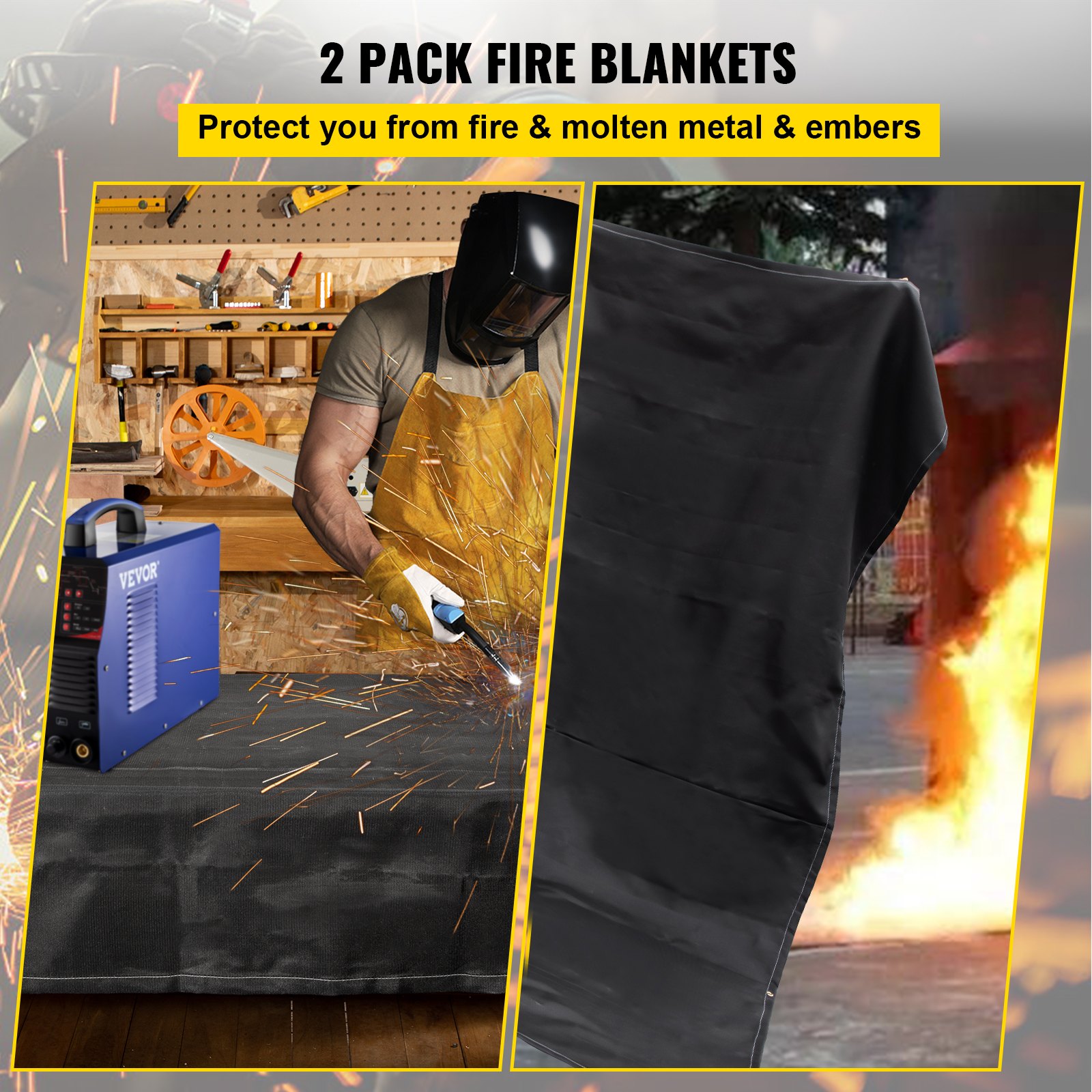 VEVOR Welding Blanket, 2-Pack Welding Blankets, 2.44 x 3.05 m Fire Blanket, 1022 °F Flame Retardant Blanket, Black Emergency Fire Blankets, Fire-Retardant Fiberglass Blanket with 12 Brass Eyelets
