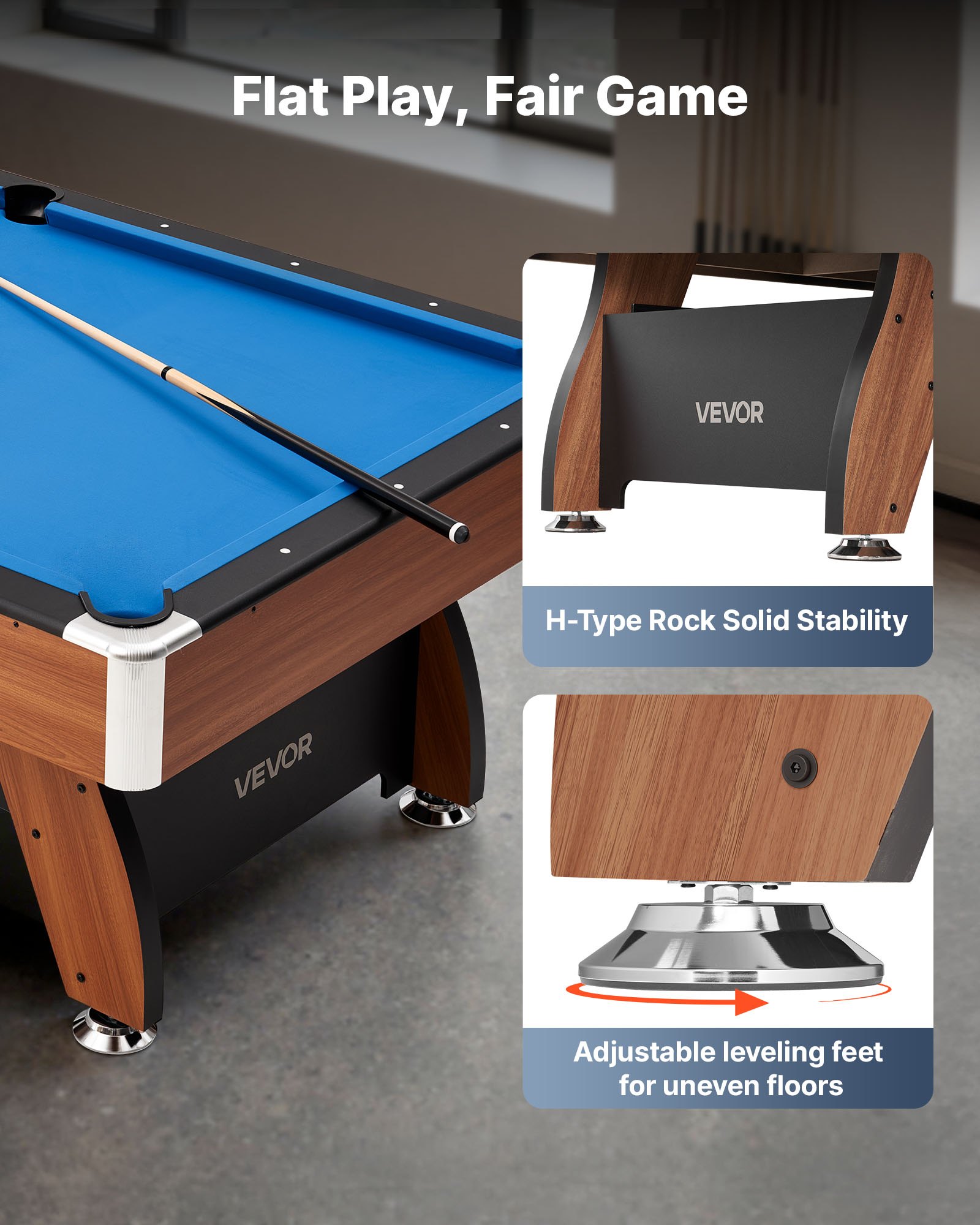 VEVOR Pool Table, 244cm Portable Billiards Tables with Wood Finish, Modern Adjustable Feet Game Table, Full Set Includes Balls, Cues, Rack, Chalk and Brush, Blue Cloth, for Family Use, Recreation Room